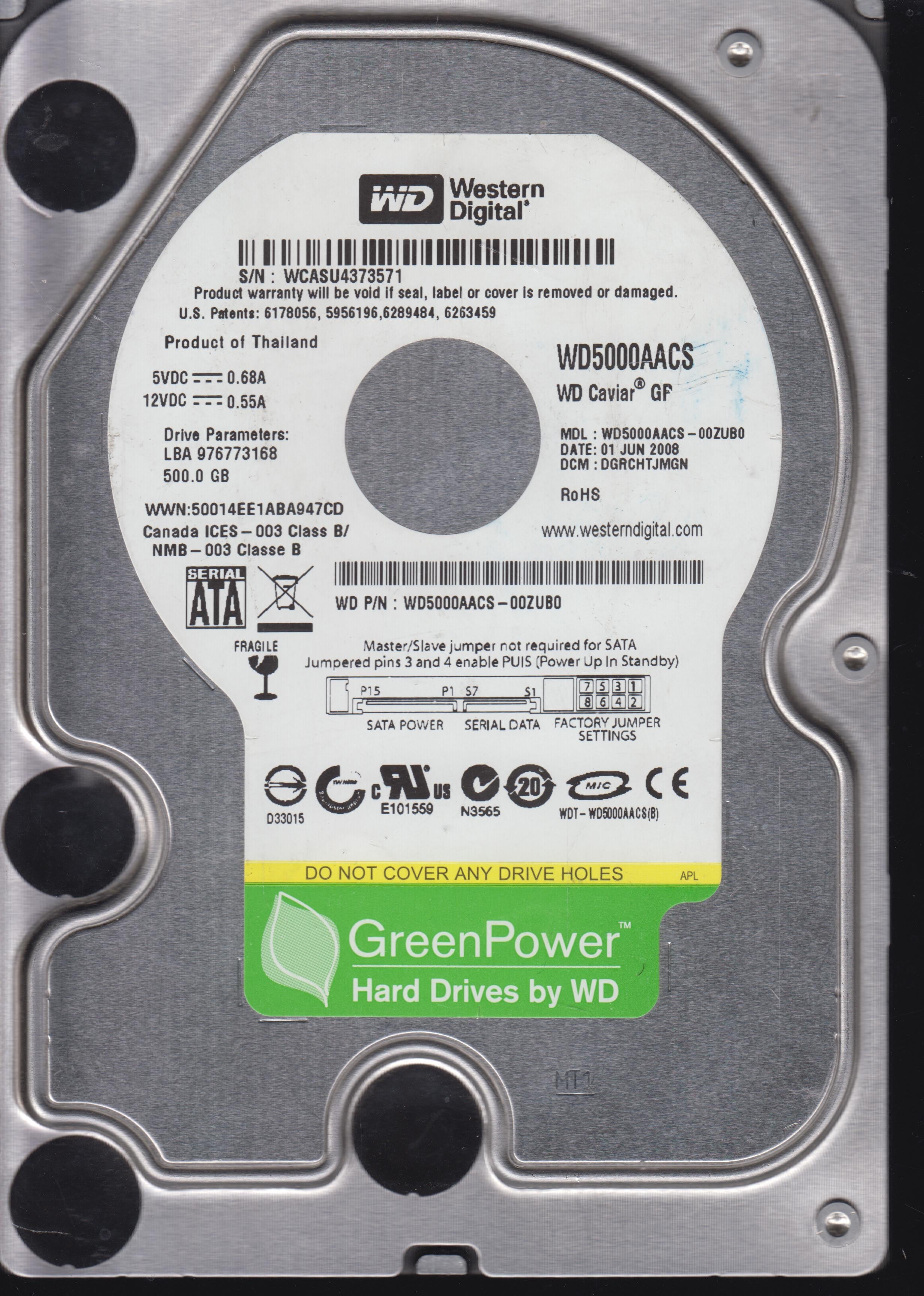 WD5000AACS-00ZUB0,  Serial:WCASU4373571,  500GB 3.5,  PCB:206-701444-004- REV A