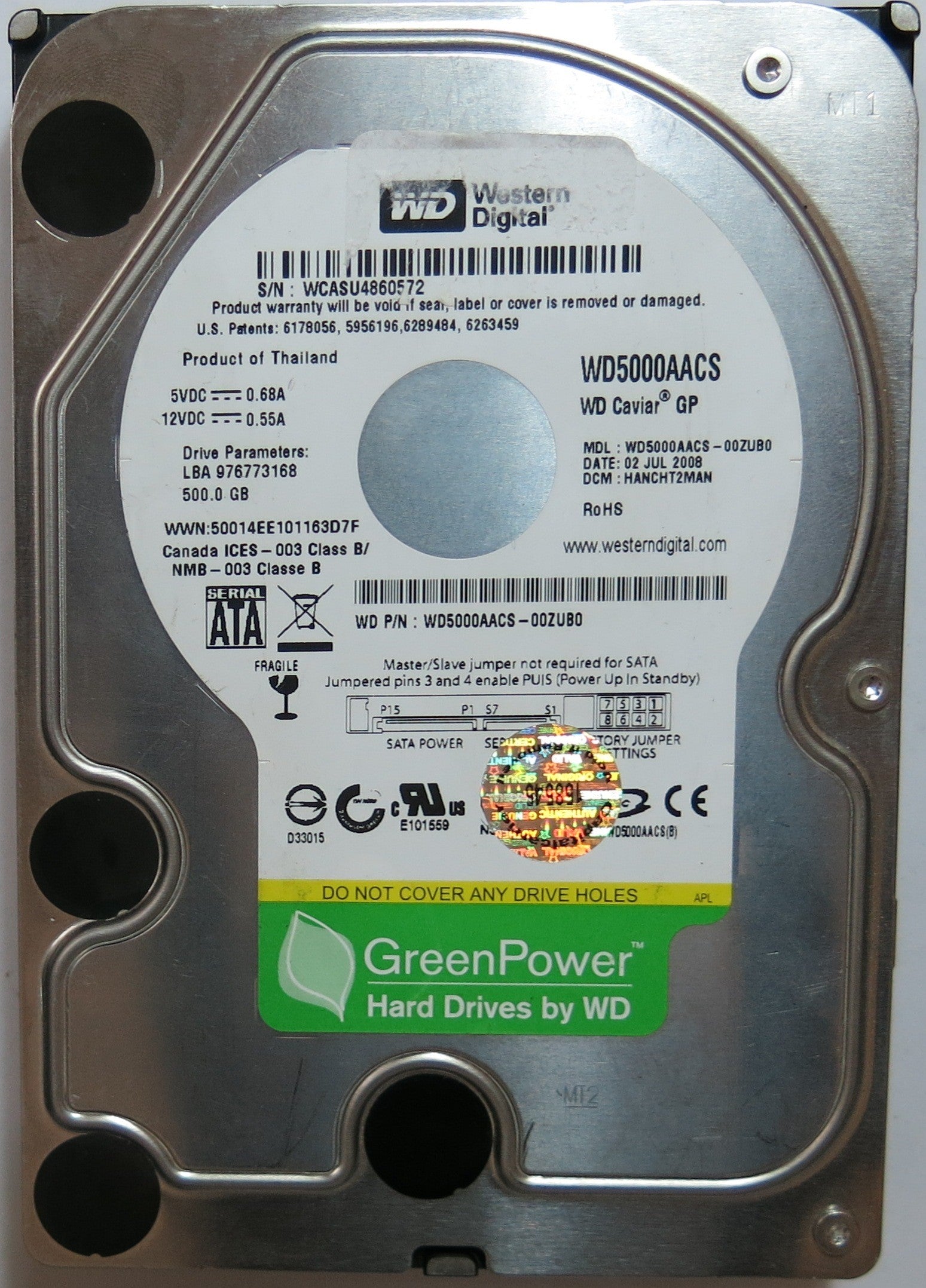WD500AACS-00ZUB0,  Serial:WCASU486072,  500GB 3.5,  PCB:2060-701444-004- REV A