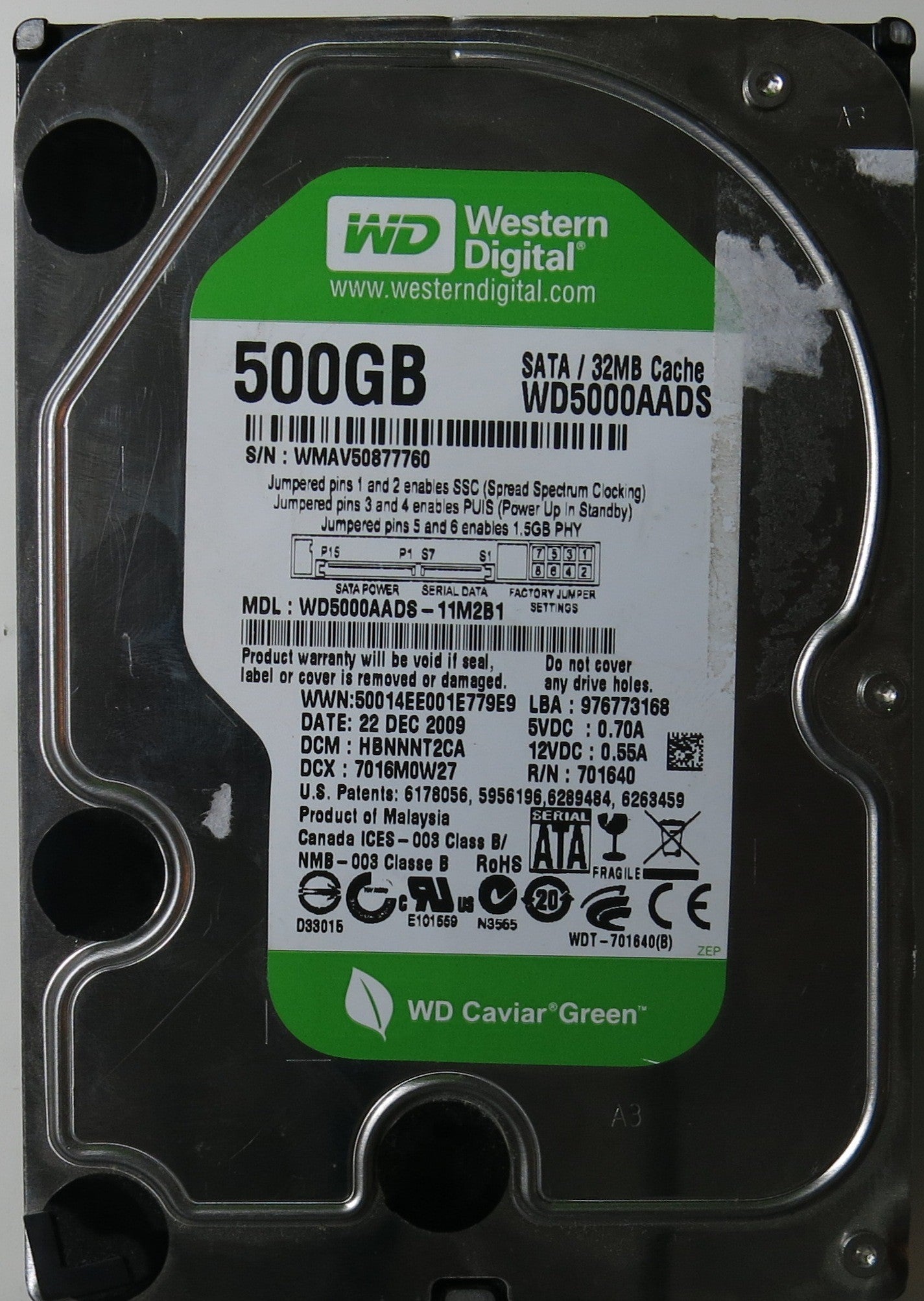 WD5000AADS-11M2B1,  Serial:WMAV50877760,  500GB 3.5,  PCB:2060-701640-002- REV A