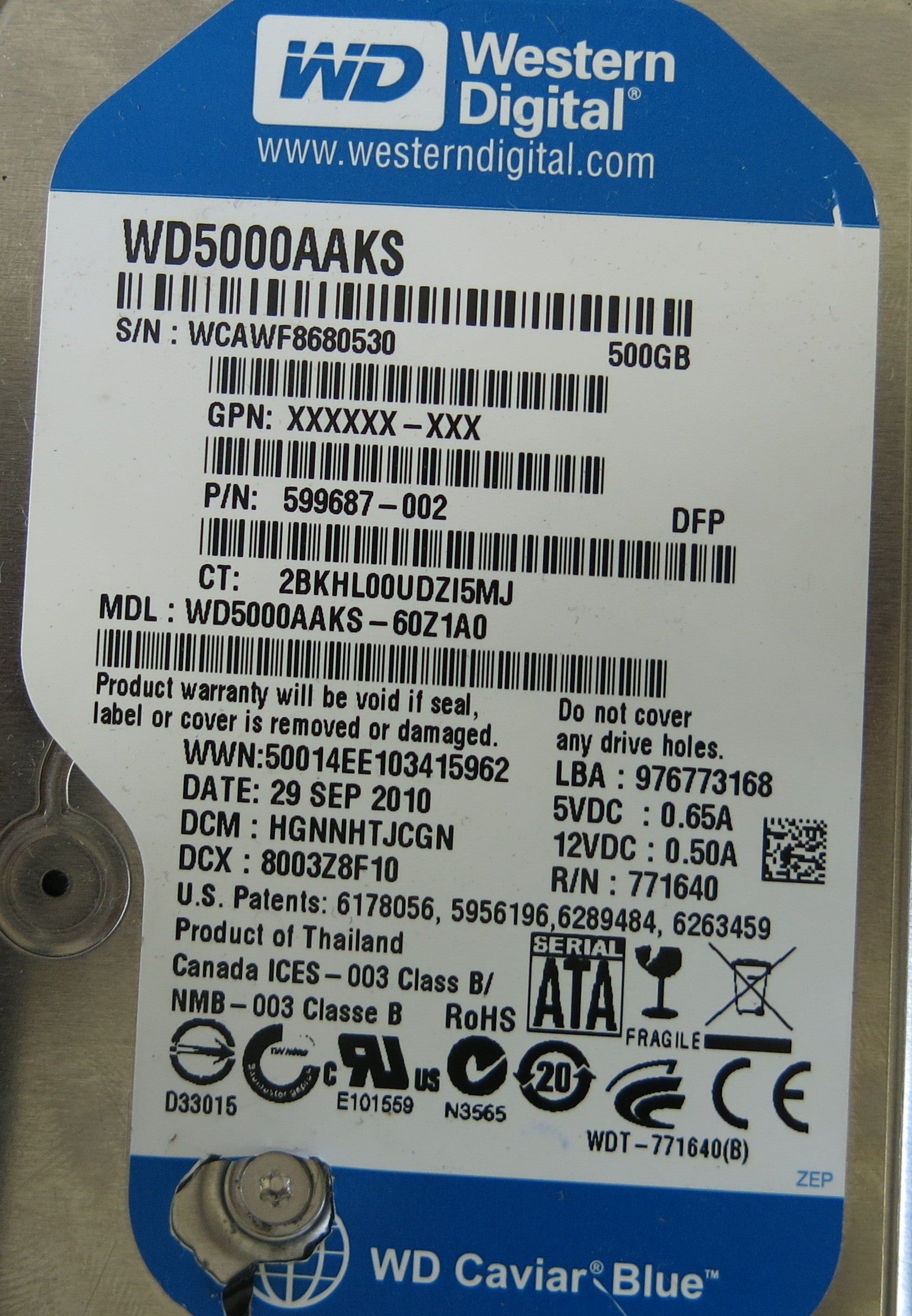 WESTERN DIGITAL WD5000AAKS-60Z1A0 P/N 599687-002 2060-701640-002 REV A PCB