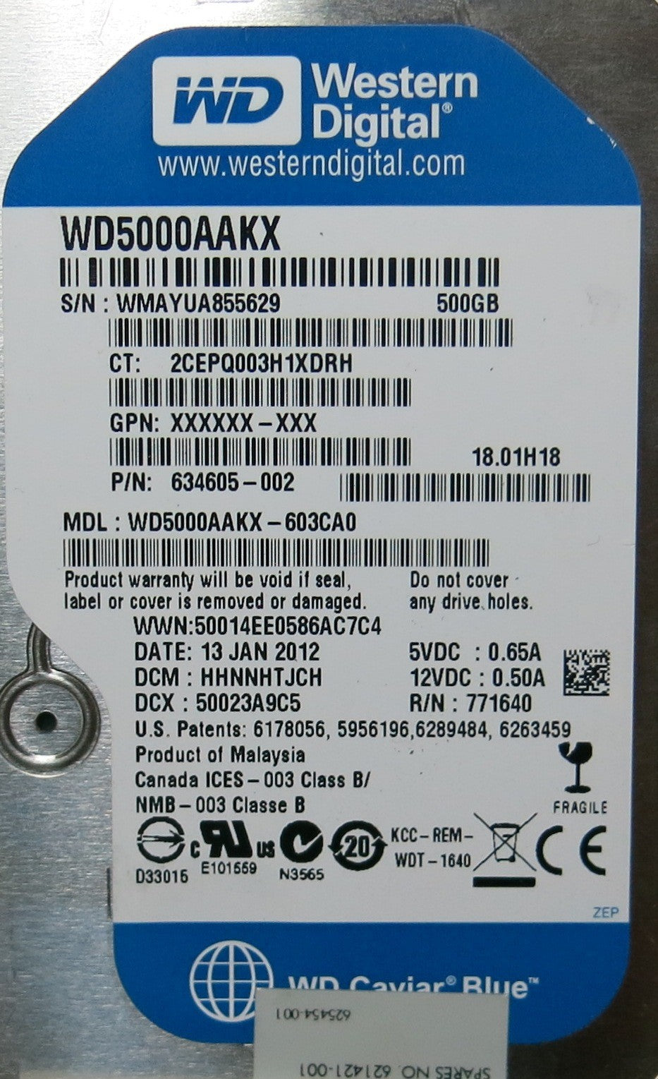 WESTERN DIGITAL WD5000AAKX'603CA0,  PCB