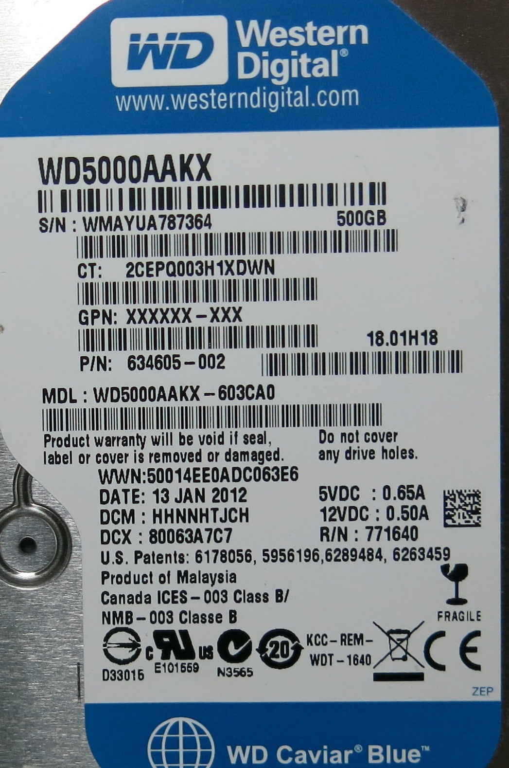WESTERN DIGITAL WD5000AAKX'603CA0,  PCB