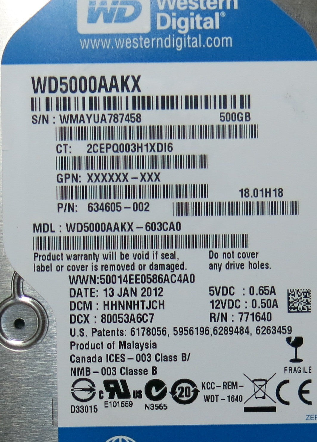 WESTERN DIGITAL WD5000AAKX'603CA0,  PCB