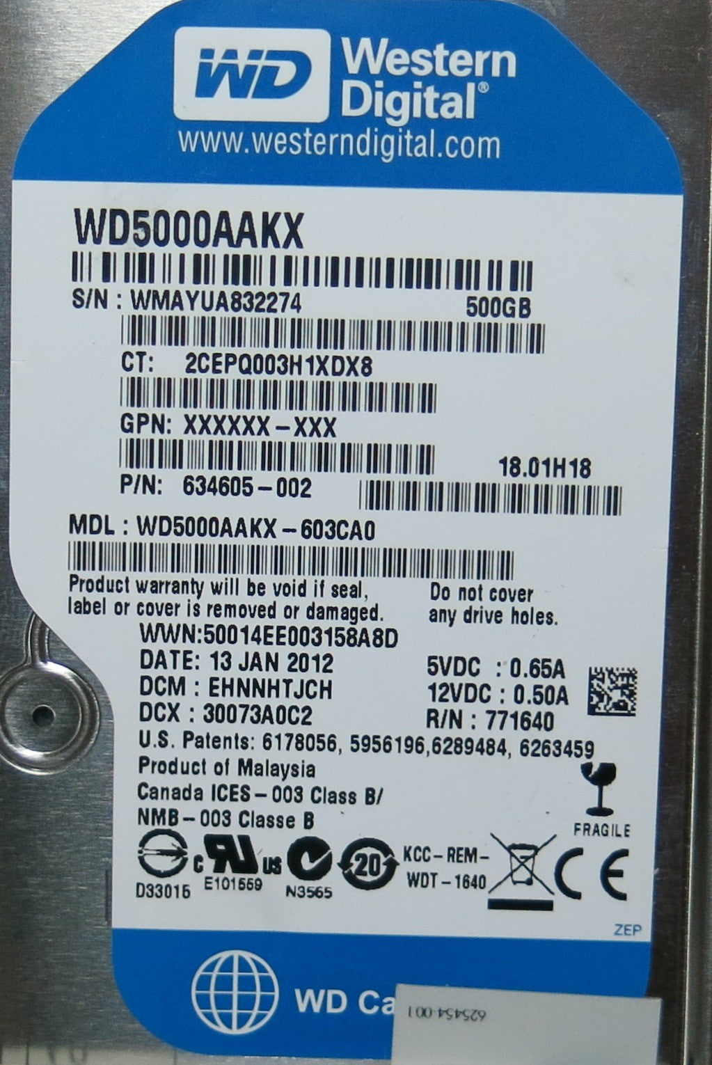 WESTERN DIGITAL WD5000AAKX'603CA0,  PCB