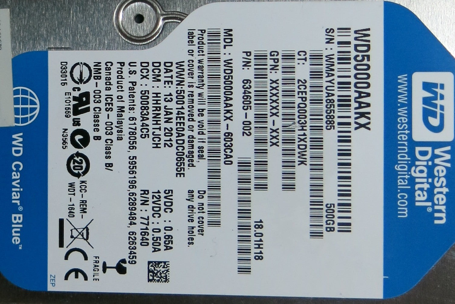 WESTERN DIGITAL WD5000AAKX'603CA0,  PCB