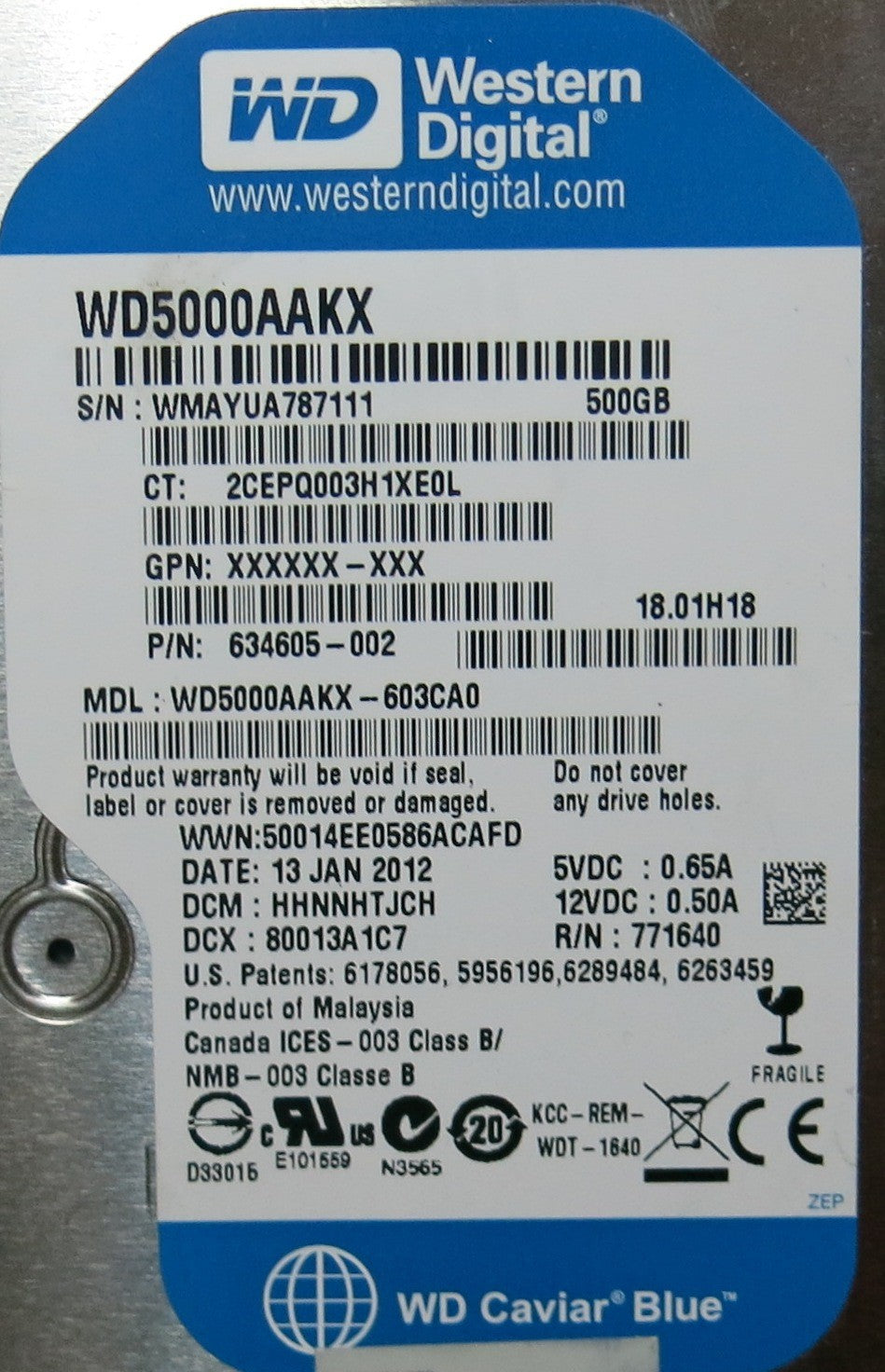 WESTERN DIGITAL WD5000AAKX'603CA0,  PCB