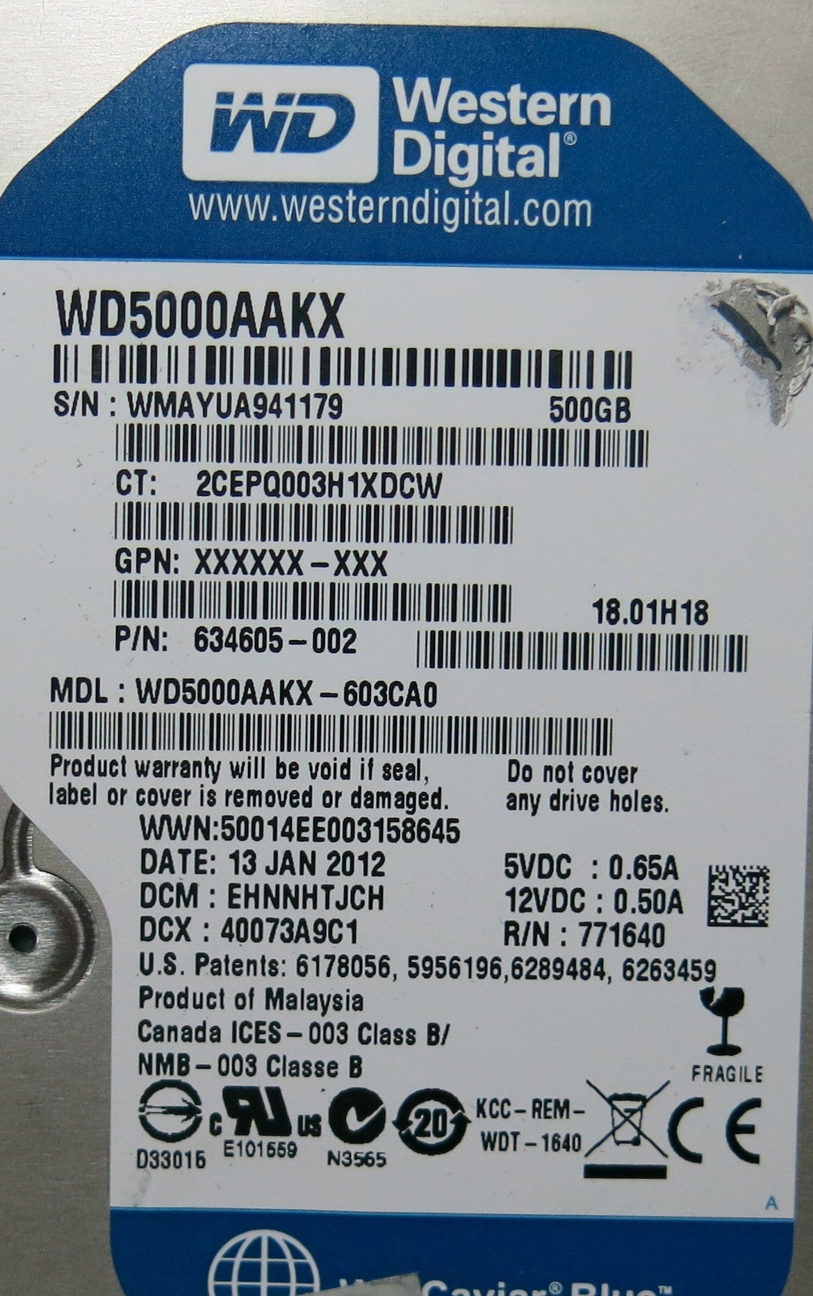 WESTERN DIGITAL WD5000AAKX'603CA0,  PCB