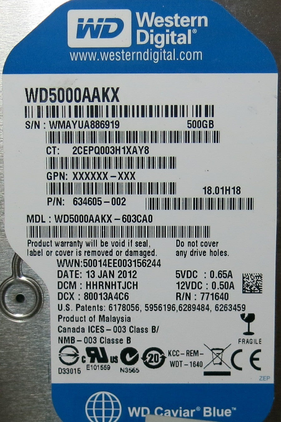WESTERN DIGITAL WD5000AAKX'603CA0,  PCB
