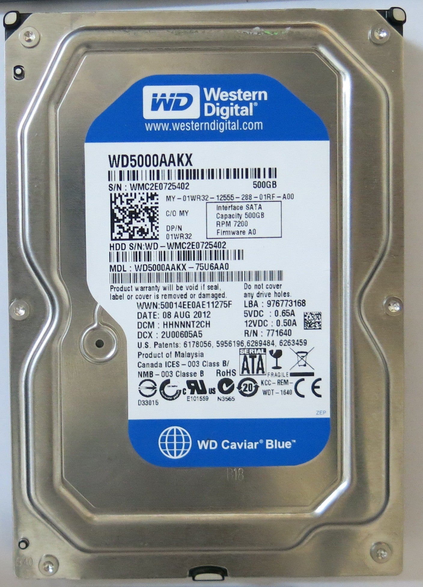 WD20EARS-00MVWB0 PCB: 2060-771640-003 REV A SERIAL WMC2E0725402 FW HHNNNT2CH  500,GB