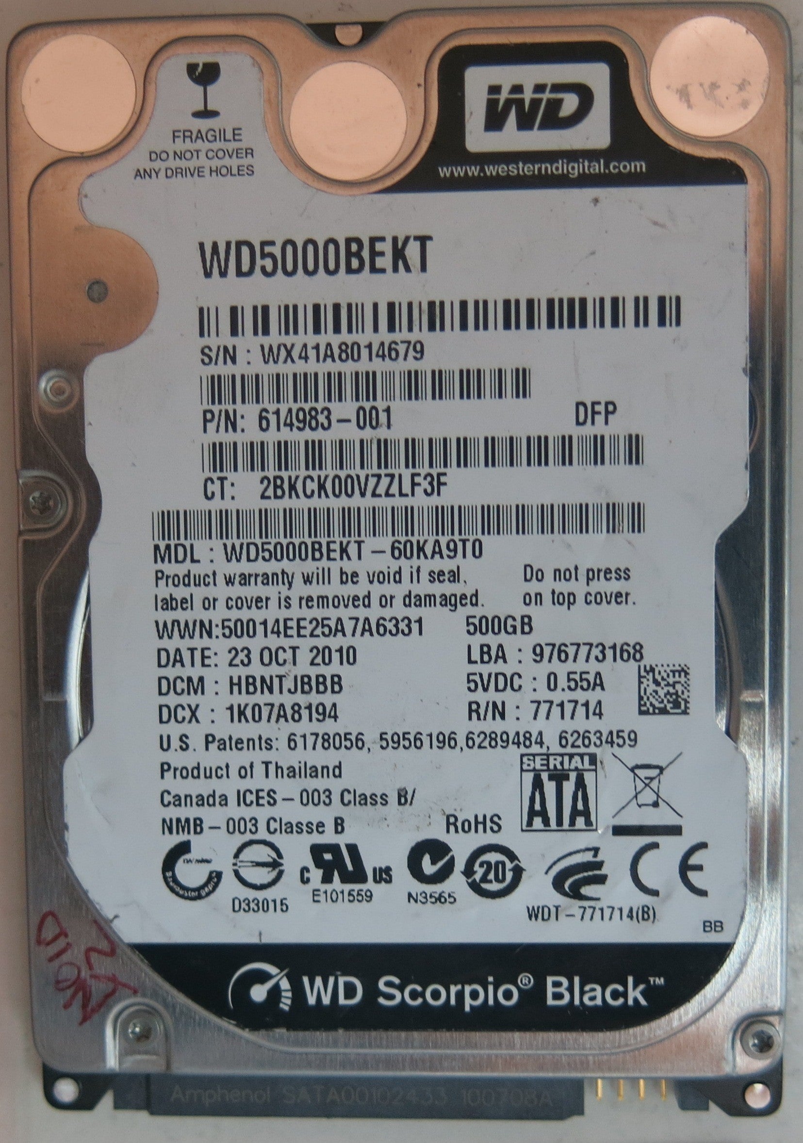 WD5000BEKT-60KA9T0, PCB: 2060-771714-002 REV P1, SERIAL NUMBER: WX41A8014679, 500GB,