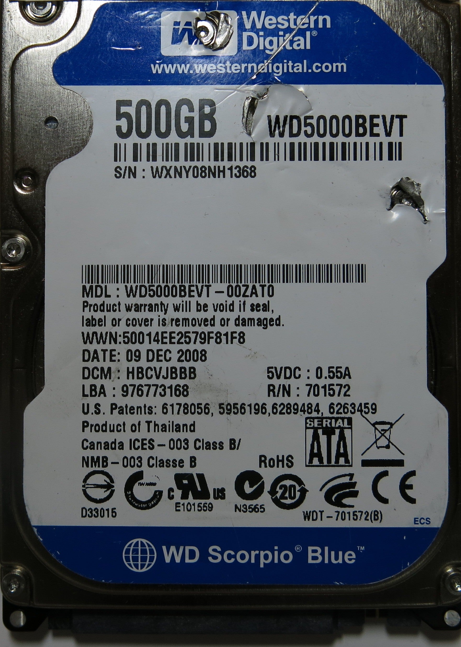 WESTERN DIGITAL WD5000BEVT-00ZAT0 2060-701572-002 REV A PCB