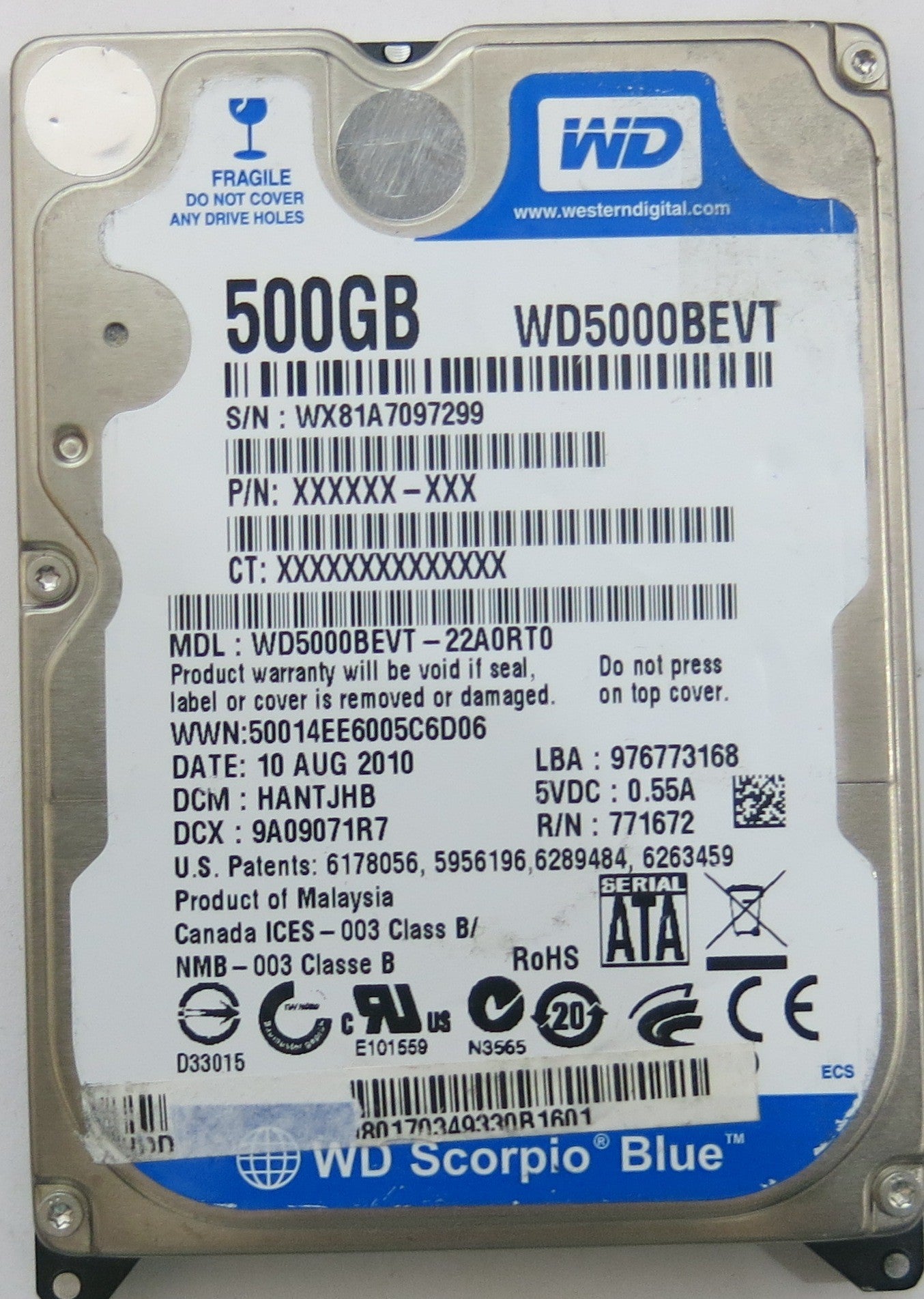 WESTERN DIGITAL WD5000BEVT-22A0RT0 2060-771672-004 REV A PCB