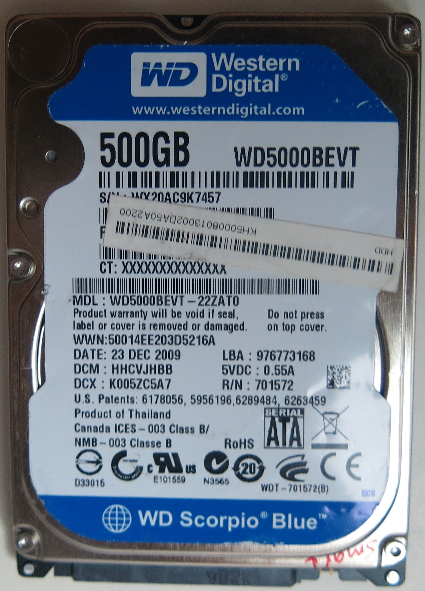 WD5000BEVT-22ZAT0 PCB: 2060-701572-002 REV A SERIAL NUMBER: WX20AC9K7457 DCM HHCVJHBB 500GB