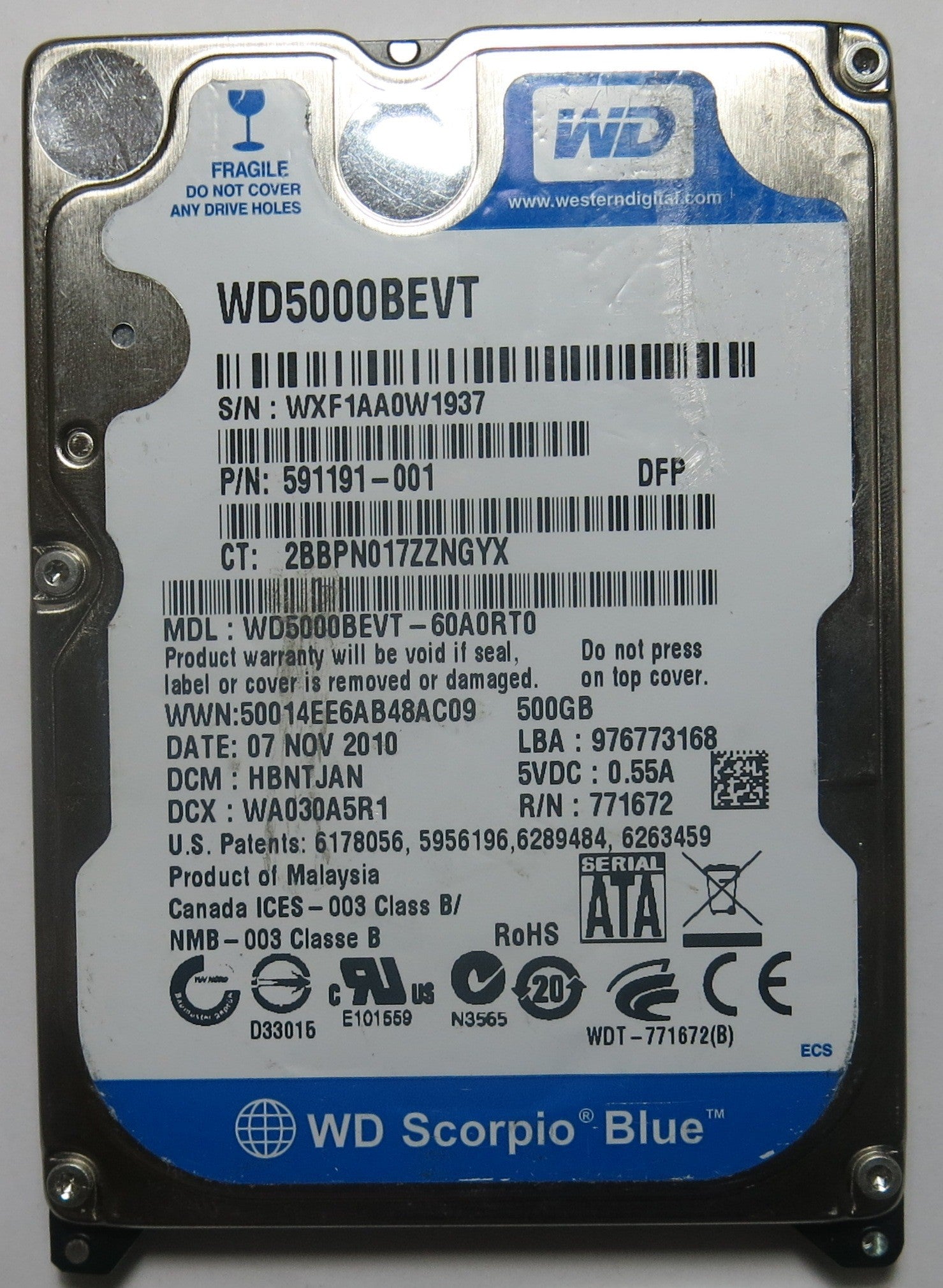 WESTERN DIGITAL WD5000BEVT-60A0RT0 2060-771672-004 REV A PCB