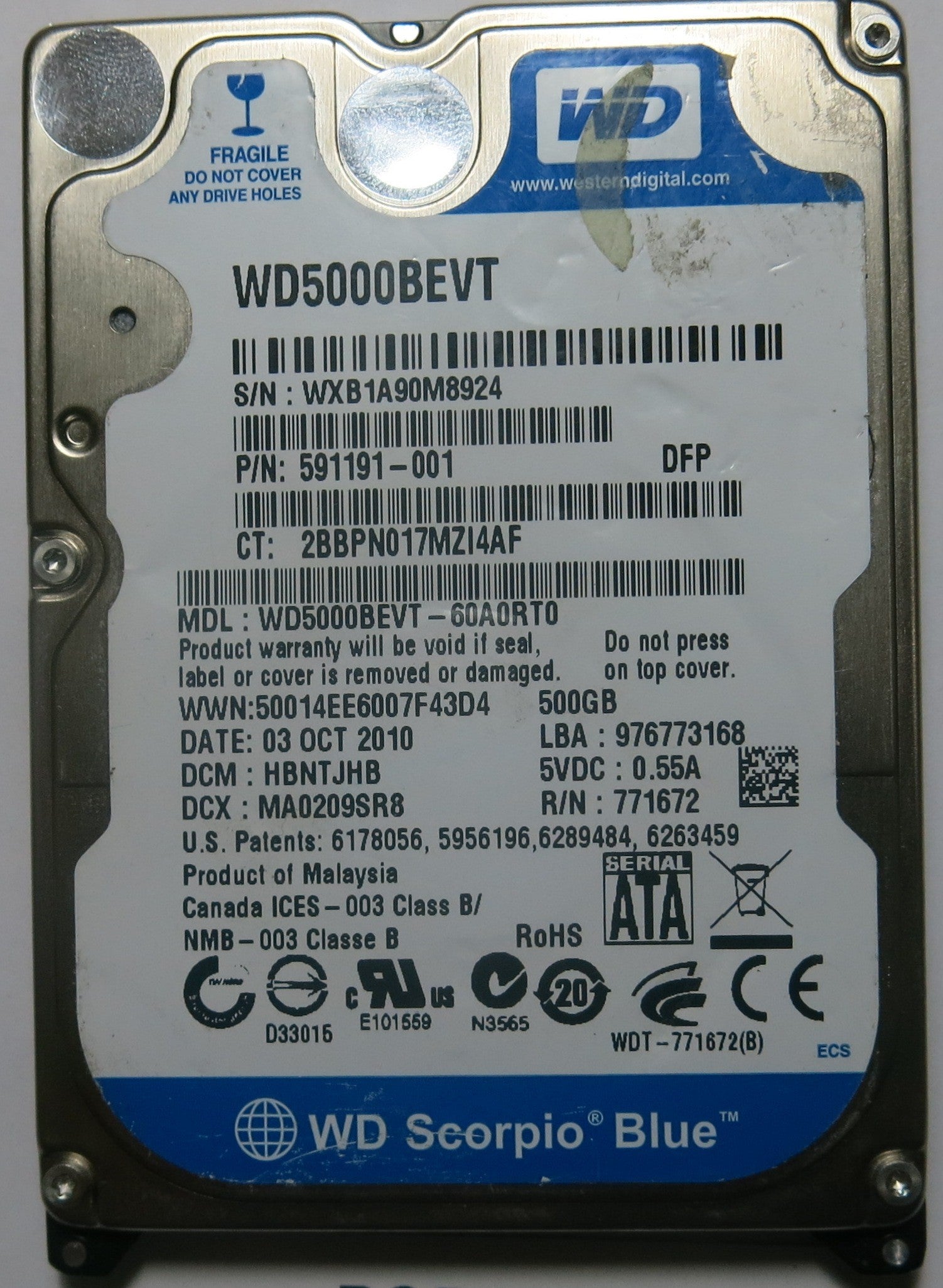 WESTERN DIGITAL WD5000BEVT-60A0RT0 2060-771672-004 REV A PCB