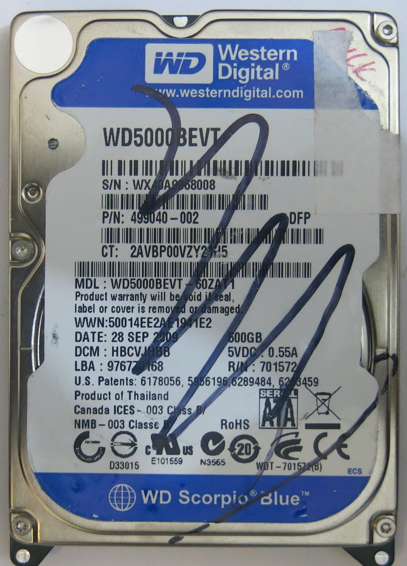 WESTERN DIGITAL WD5000BEVT-60ZAT1 2060-701572-002 REV A PCB