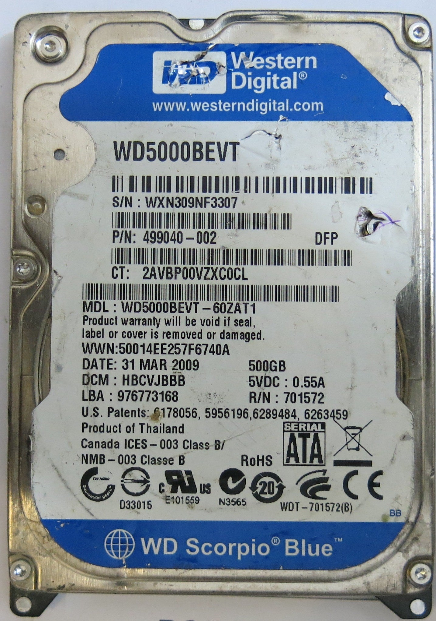 WESTERN DIGITAL WD5000BEVT-60ZAT1 2060-701572-002 REV A PCB
