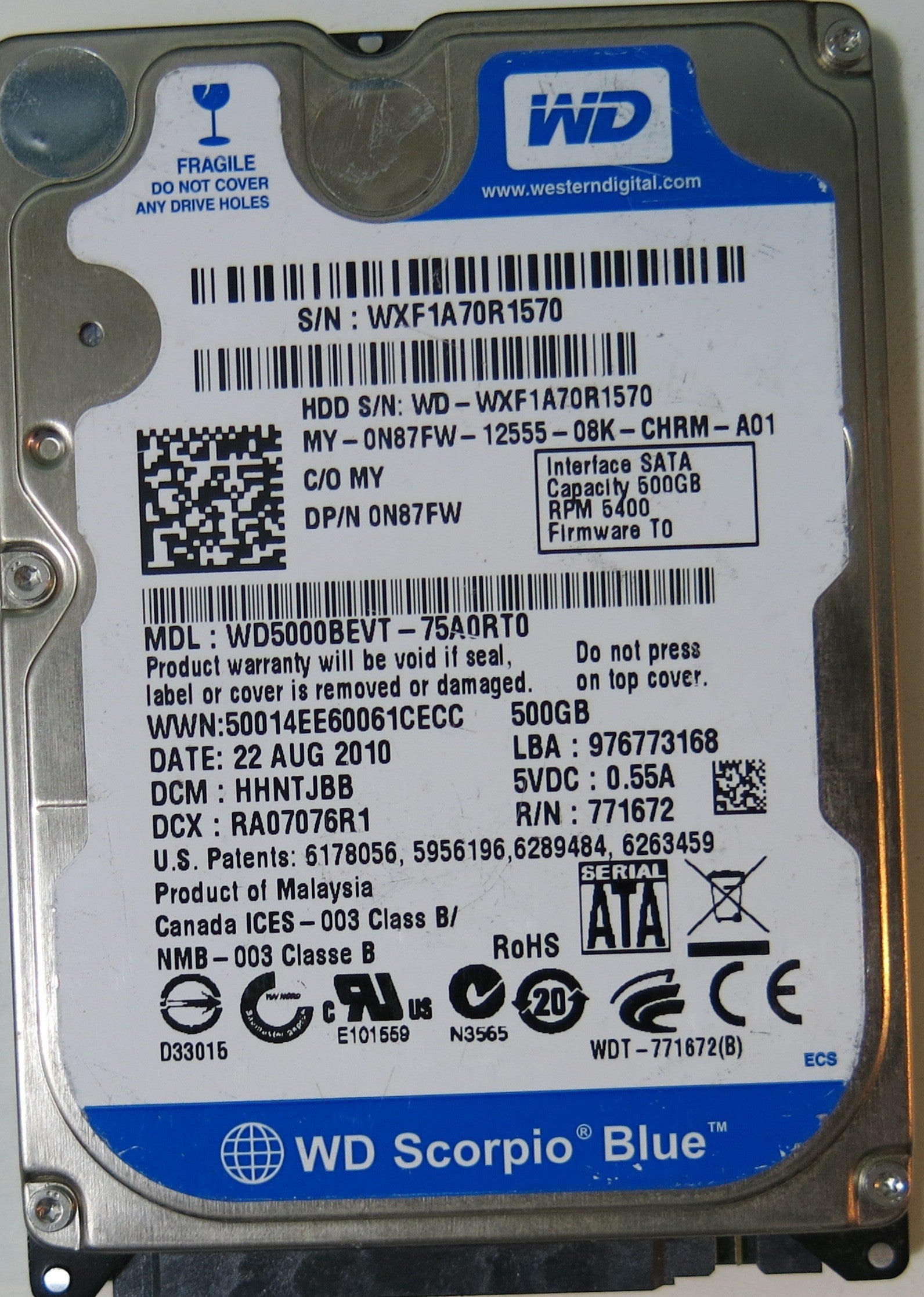 WD5000BEVT-75A0RT0 PCB 2060-771672 REV A,  500.GB