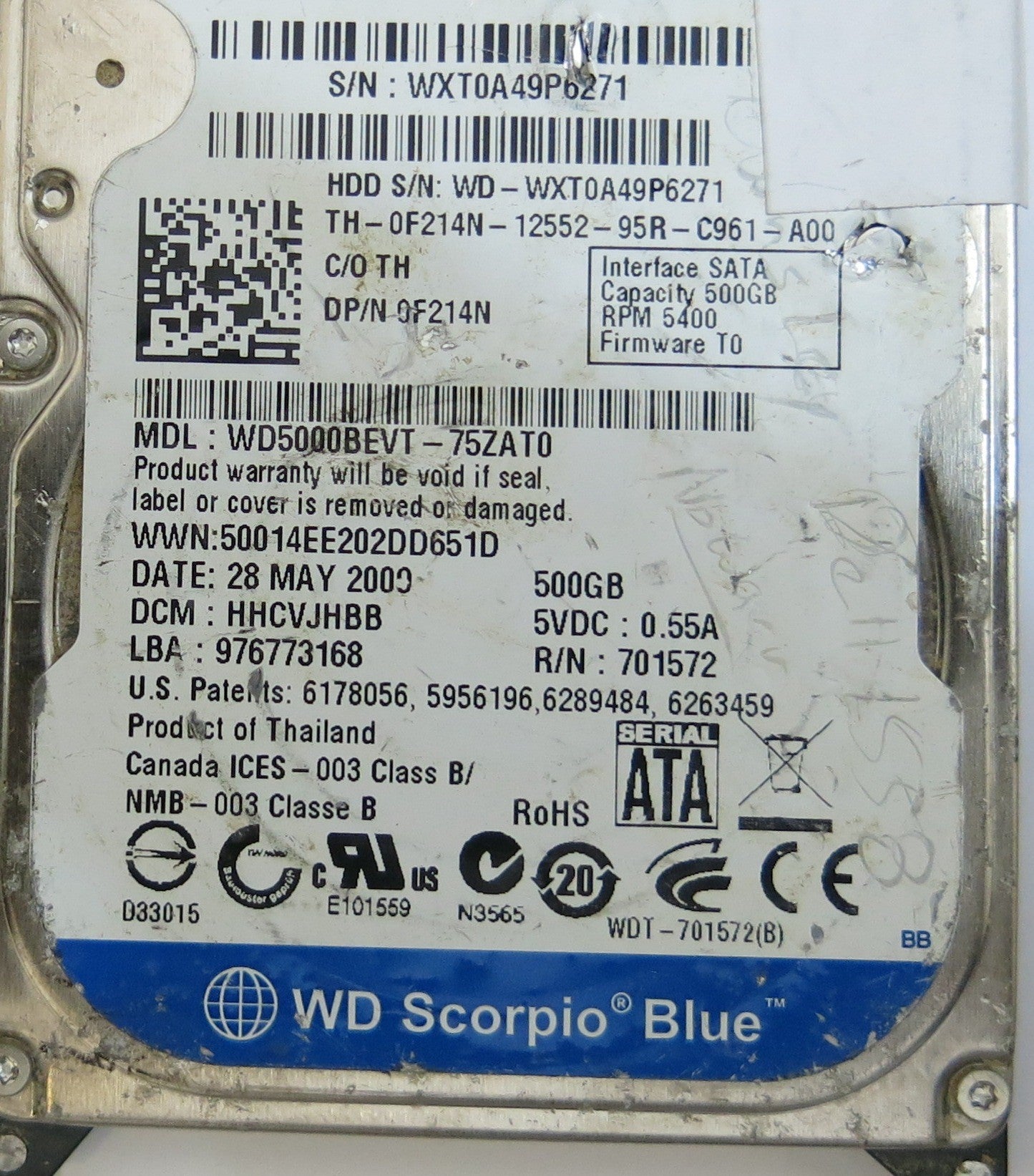 WESTERN DIGITAL WD5000BEVT-75ZAT0 2060-701572-002 REV A PCB