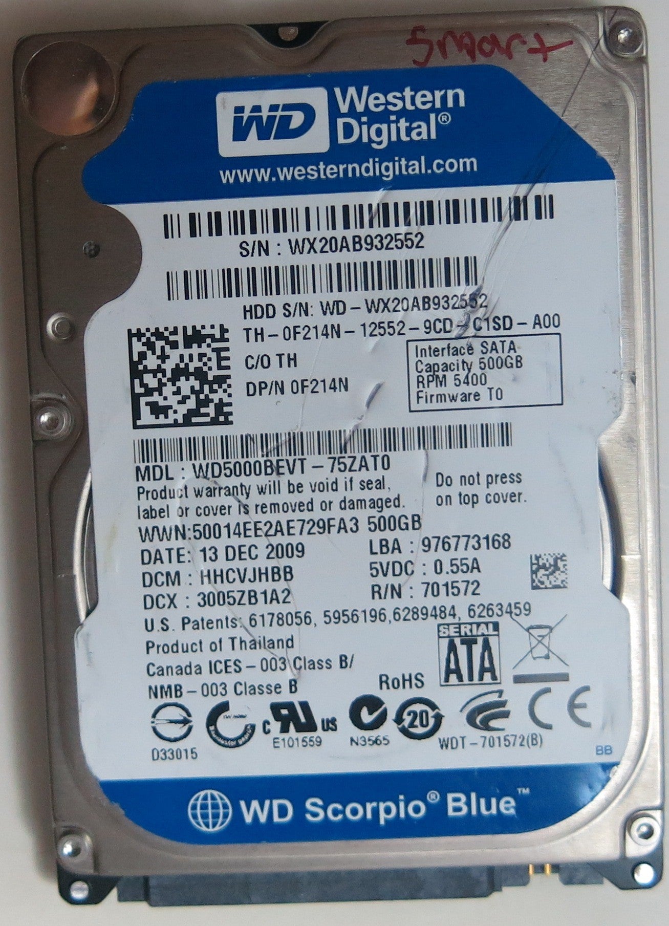 WESTERN DIGITAL WD5000BEVT-75ZAT0 DCM HHCVJHBB 500GB