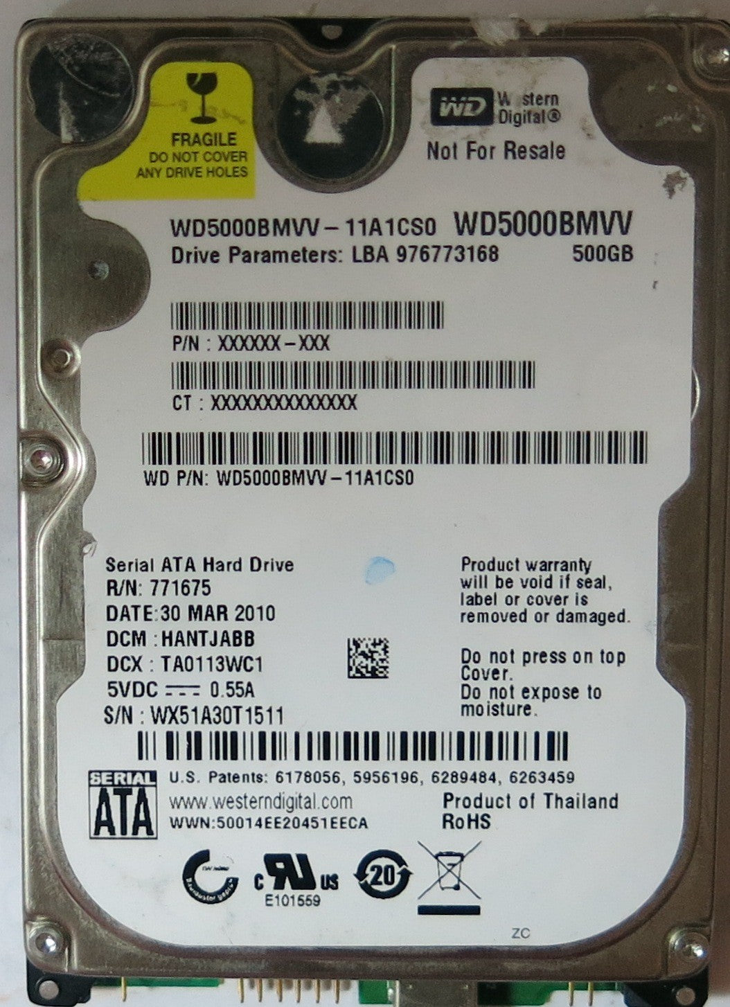 WESTERN DIGITAL WD5000BMVV'11A1CS0 PN FW HANTJBB 500,GB