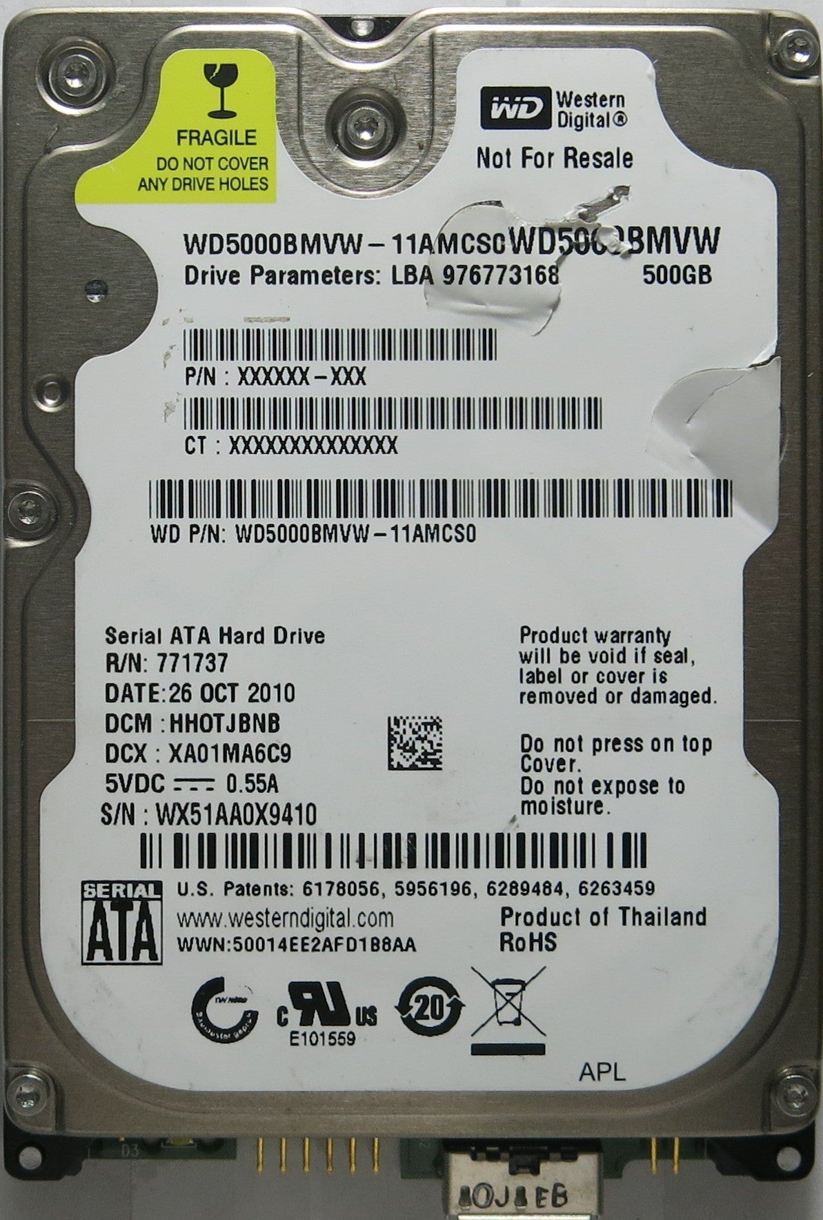 WESTERN DIGITAL WD5000BMVW-11AMCS0 P/N WD5000BMVW-11AMCS0 2060-771737-000 REV P1 PCB