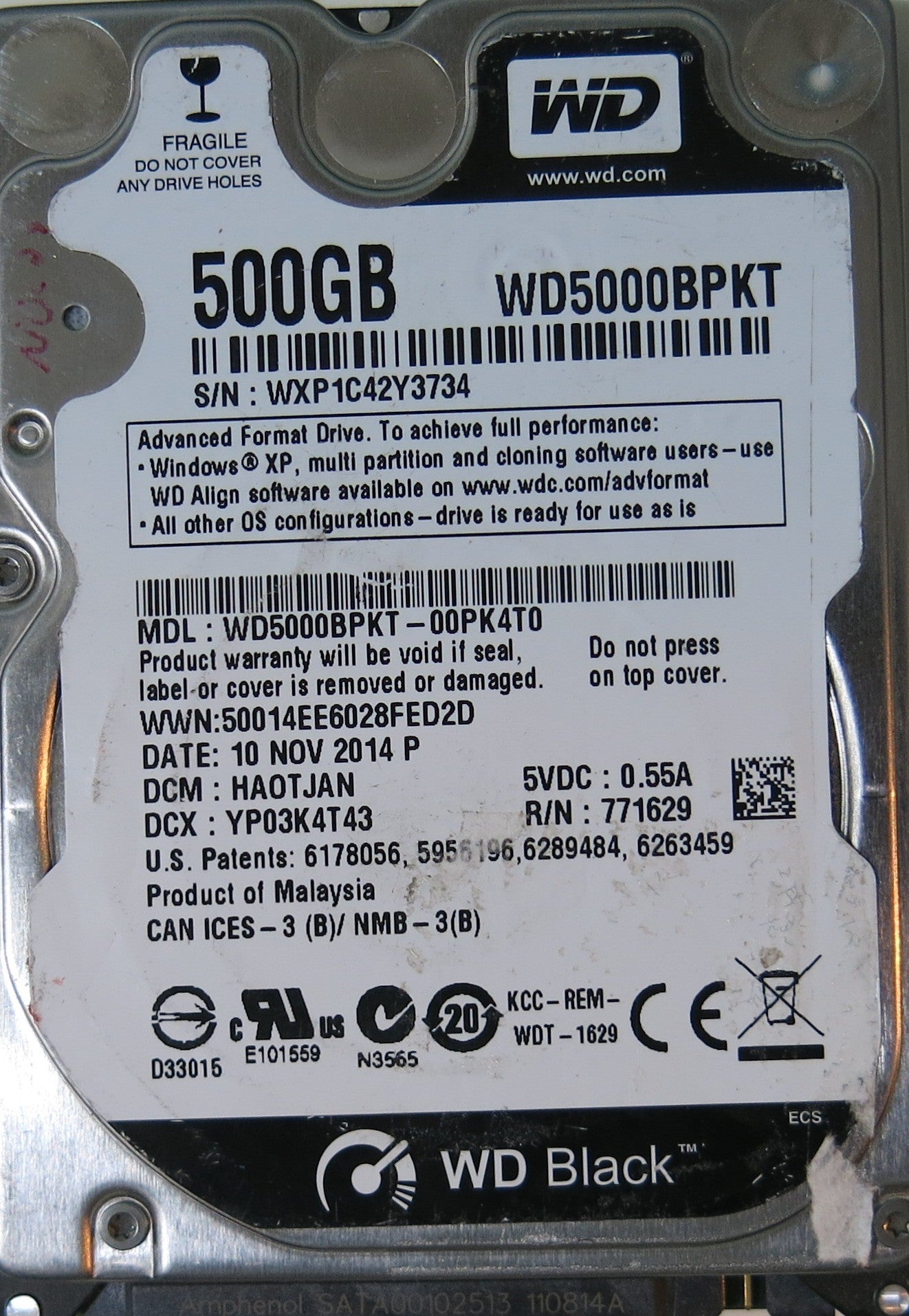 WD5000BPKT-00PK4T0 PCB 2060-771629-006 REV A,  500.GB