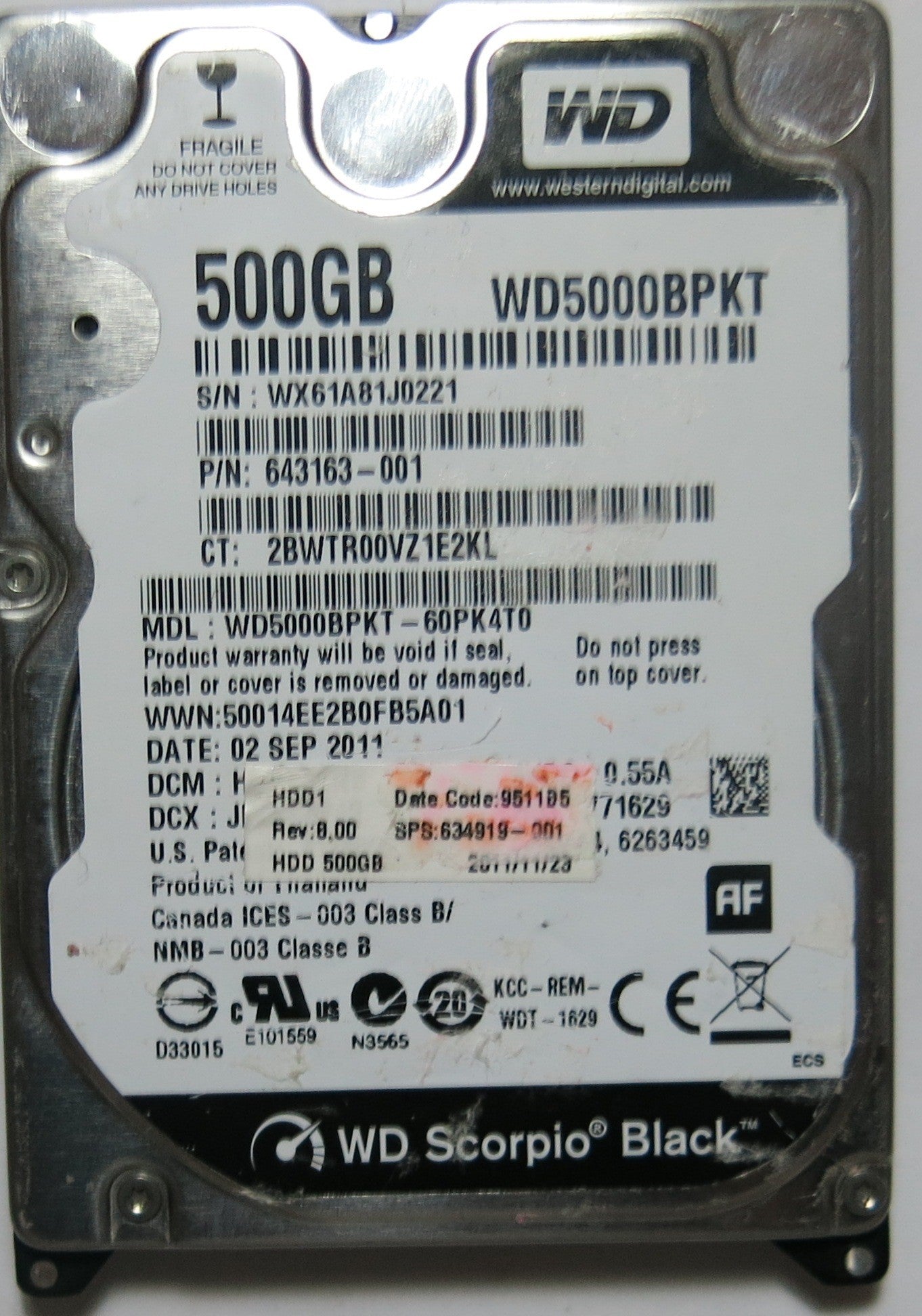 WESTERN DIGITAL WD5000BPKT'60PK4T0,  PCB