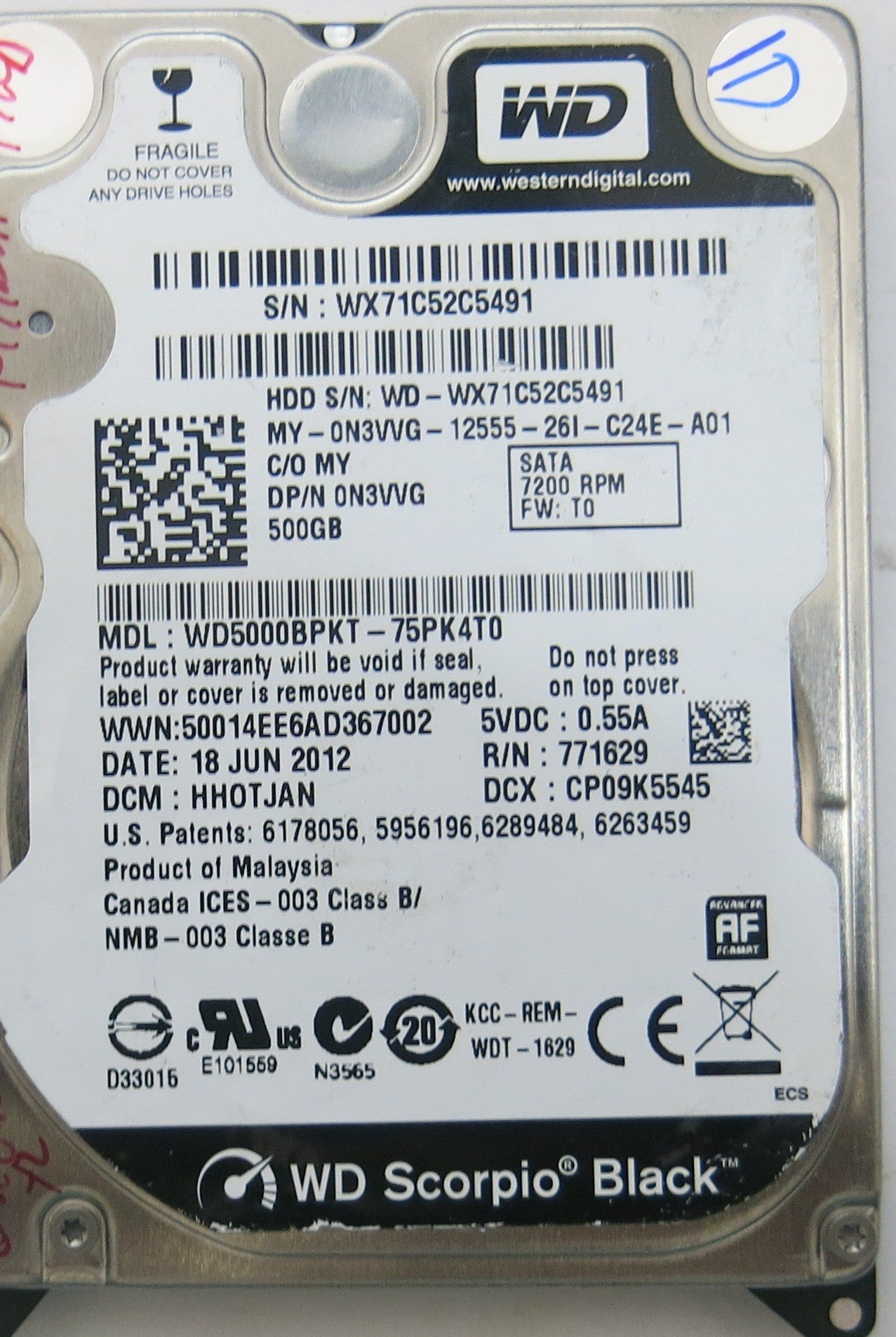 WESTERN DIGITAL  WD5000BPKT-75PK4T0 2060-701292-002 REV A PCB