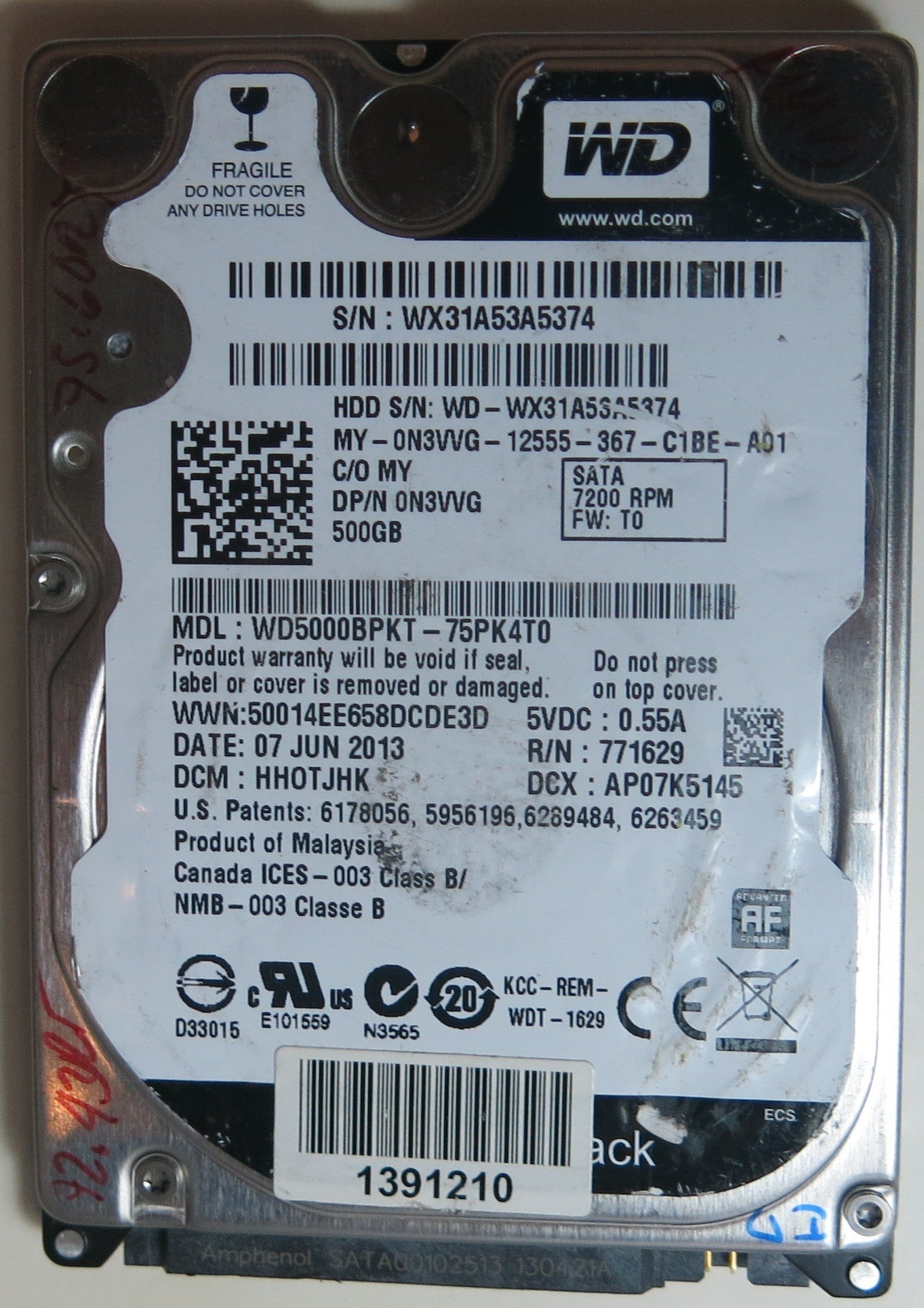 WD5000BPKT-75PK4T0 DCM HHOTJHK 500GB