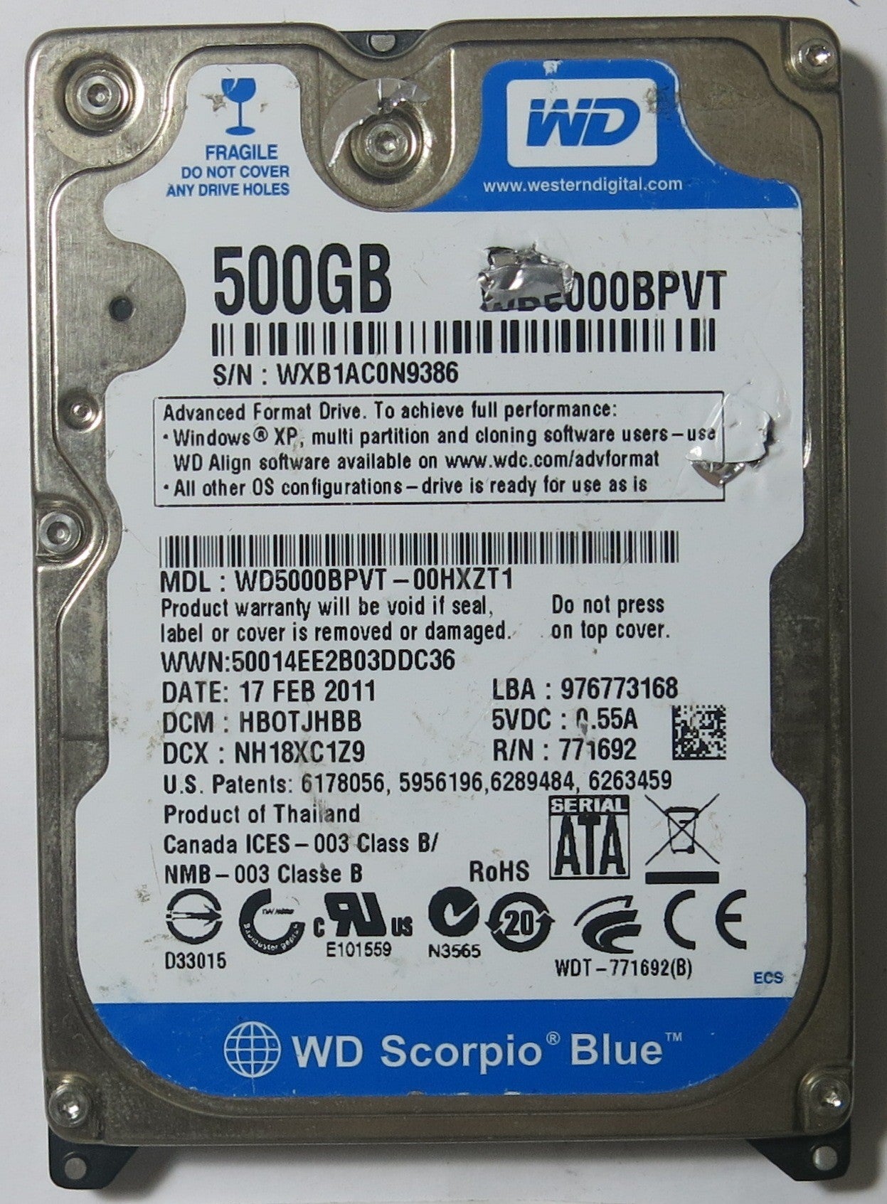 WESTERN DIGITAL WD5000BPVT-00HXZT1 2060-771692 005 REV A PCB