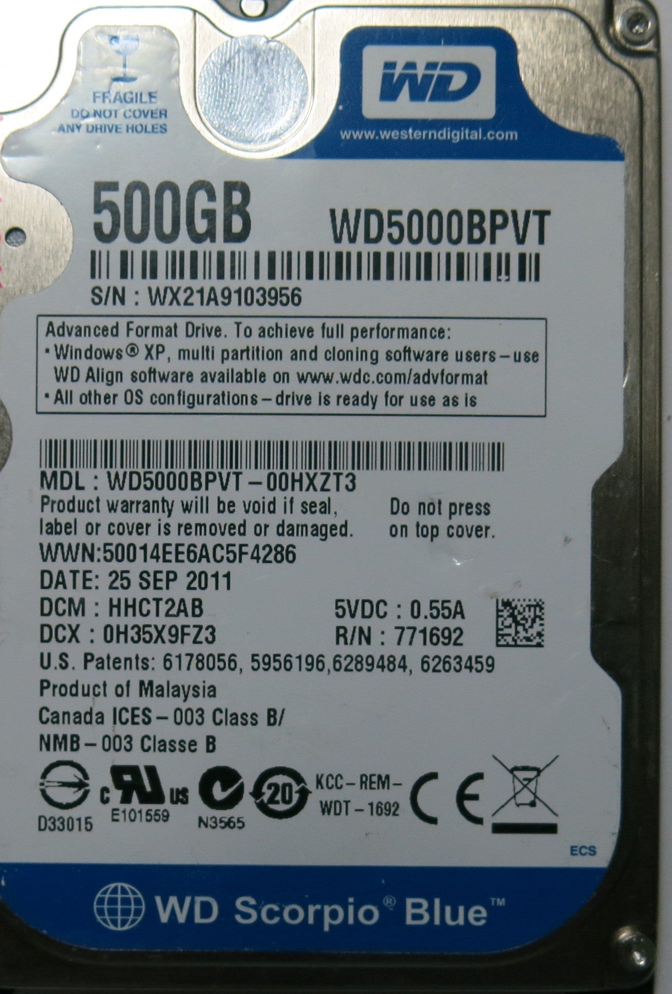 WESTERN DIGITAL WD5000BPVT-00HXZT3 2060-771820-000 PCB