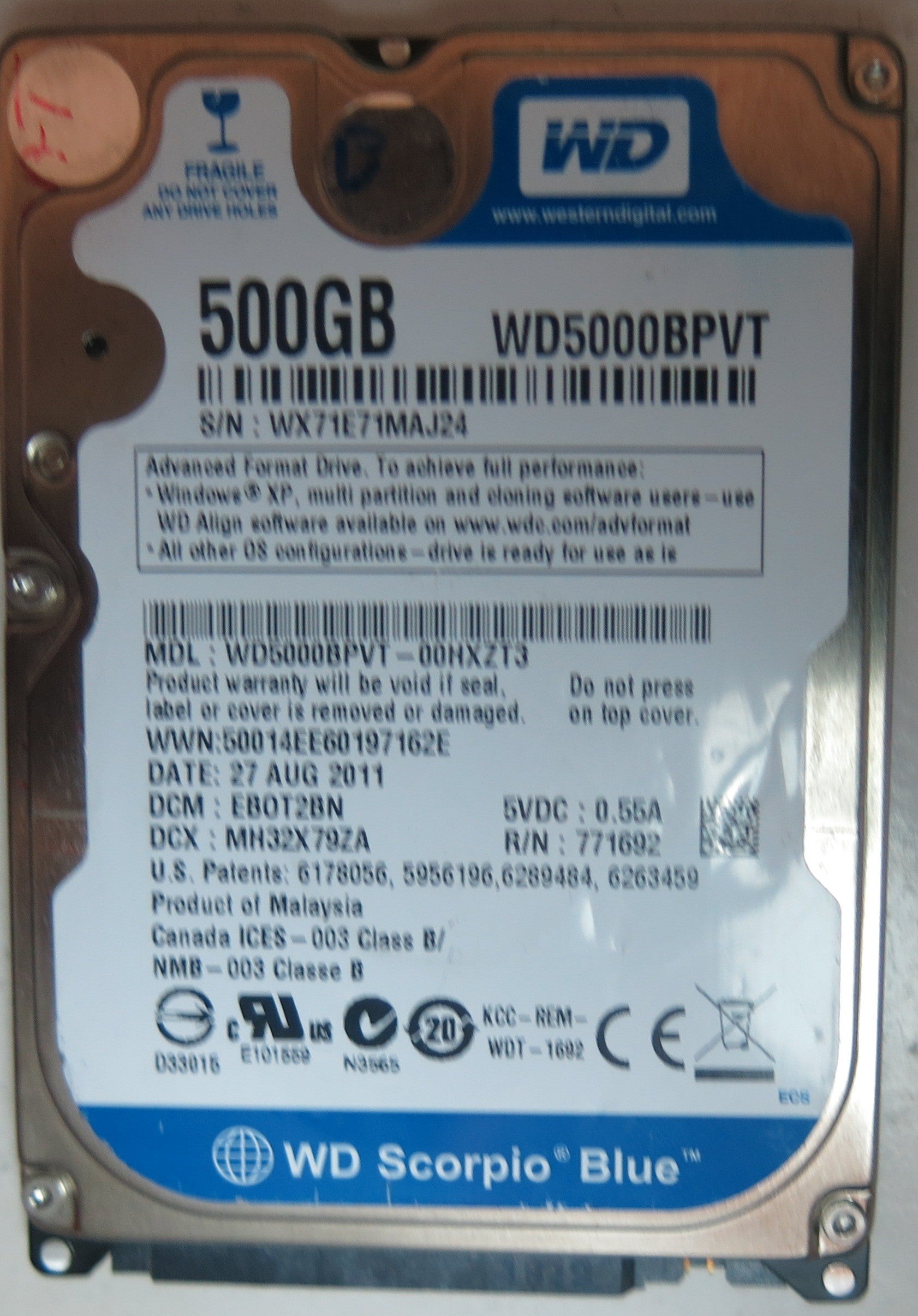 WD5000BPVT-00HXZT3, PCB: 2060-771820-000 REV P1, SERIAL NUMBER: WX71E71MAJ24, 500GB,