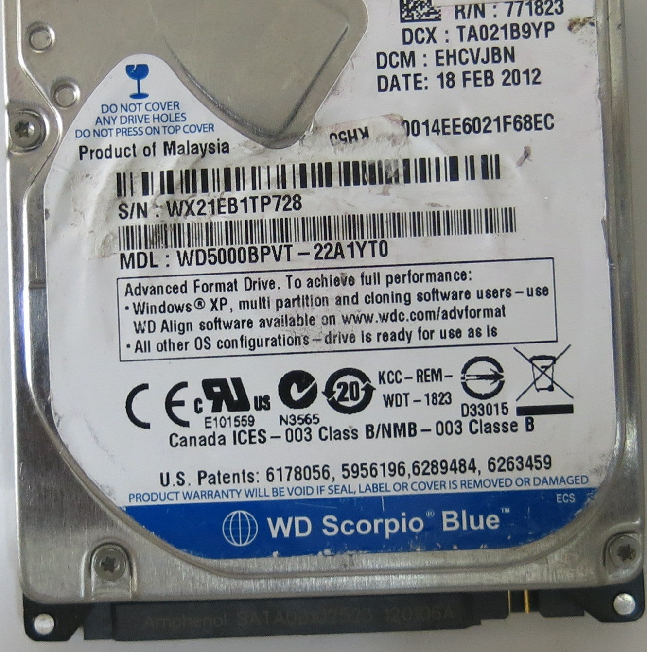 WESTERN DIGITAL WD5000BPVT-22A1YT0 2060-771823-000 REV A PCB