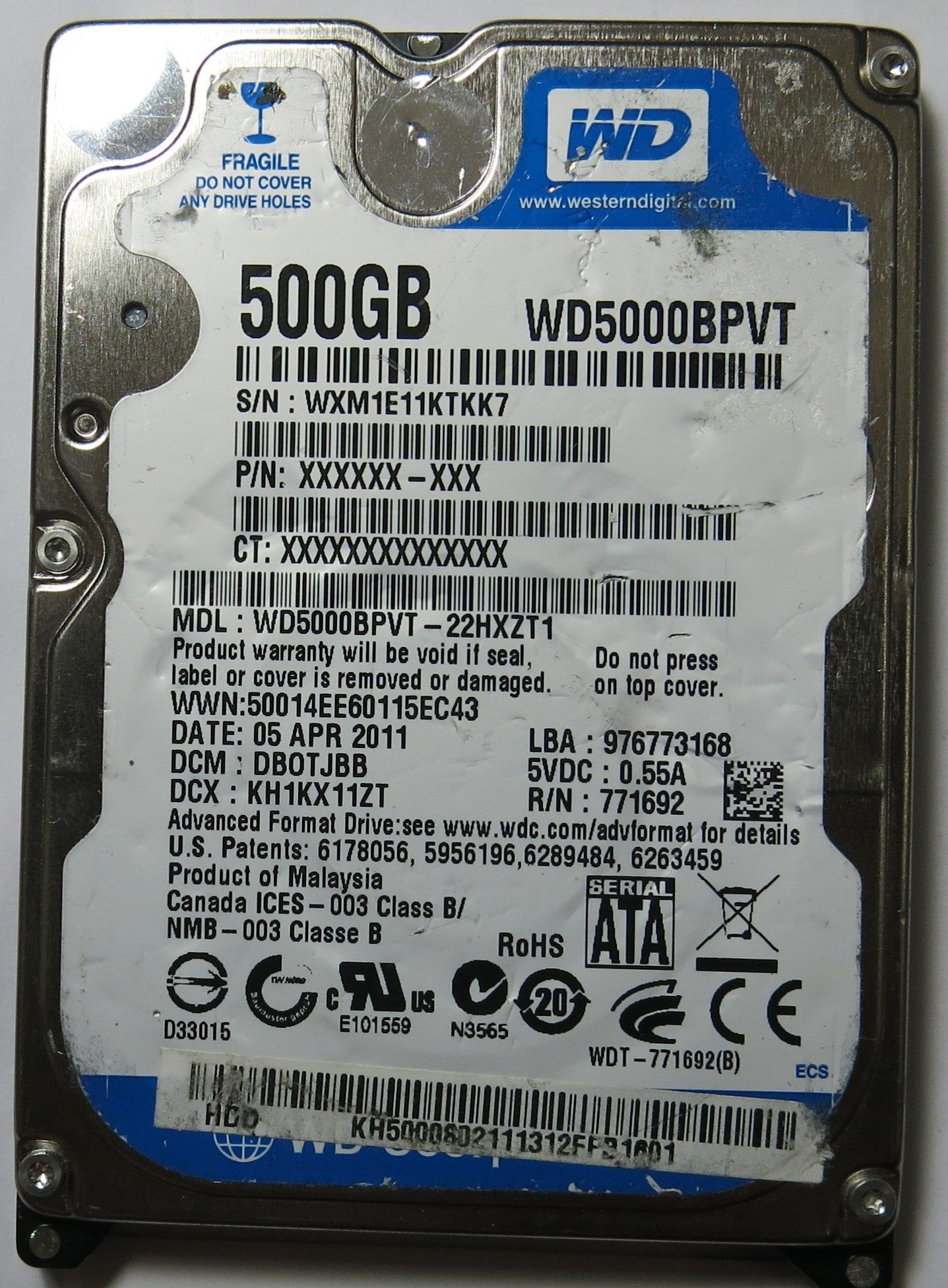 WESTERN DIGITAL WD5000BPVT-22HXZT1 2060-771692-005 PCB