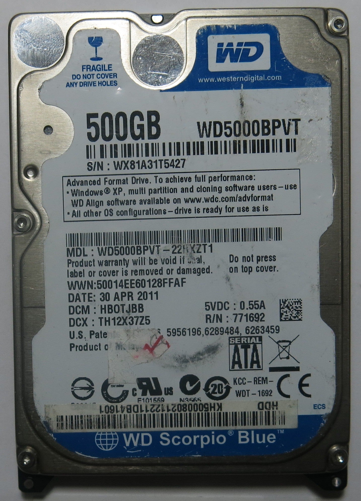 WESTERN DIGITAL WD5000BPVT-22HXZT1 2060-771692-005 REV A PCB