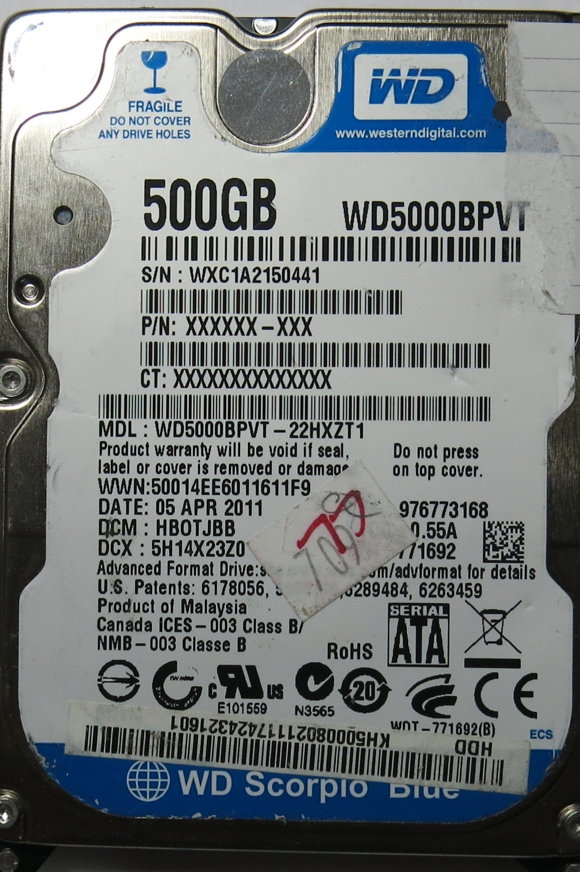 WESTERN DIGITAL WD5000BPVT-22HXZT1 2060-771692-005 REV A PCB
