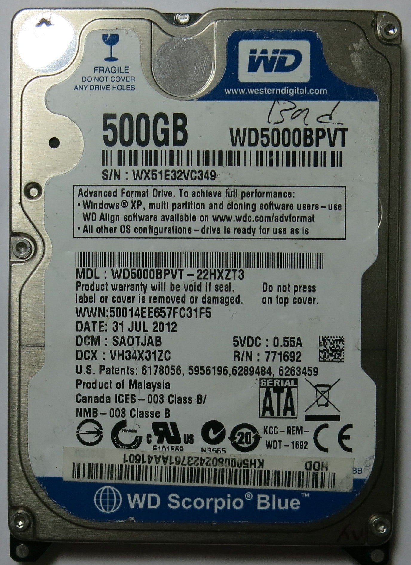 WESTERN DIGITAL WD5000BPVT-22HXZT3 2060--771820-000 PCB