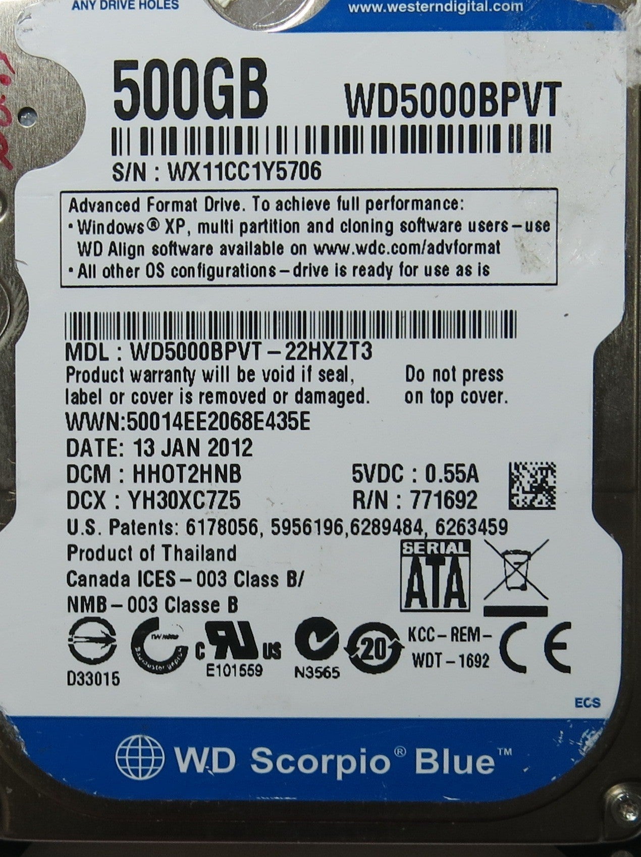 WESTERN DIGITAL WD5000BPVT-22HXZT3 2060-771820-000 PCB