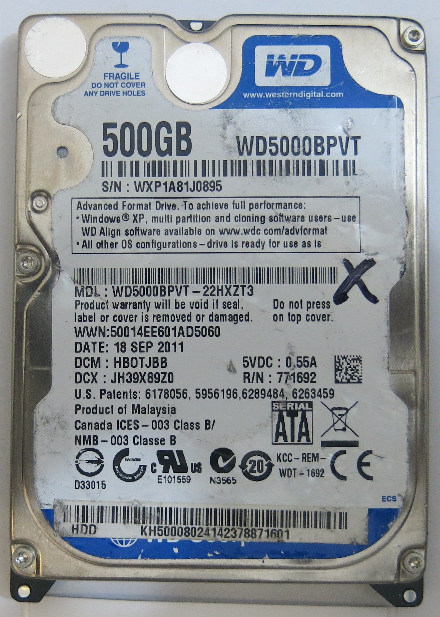 WESTERN DIGITAL WD5000BPVT-22HXZT3 2060-771820-000 PCB