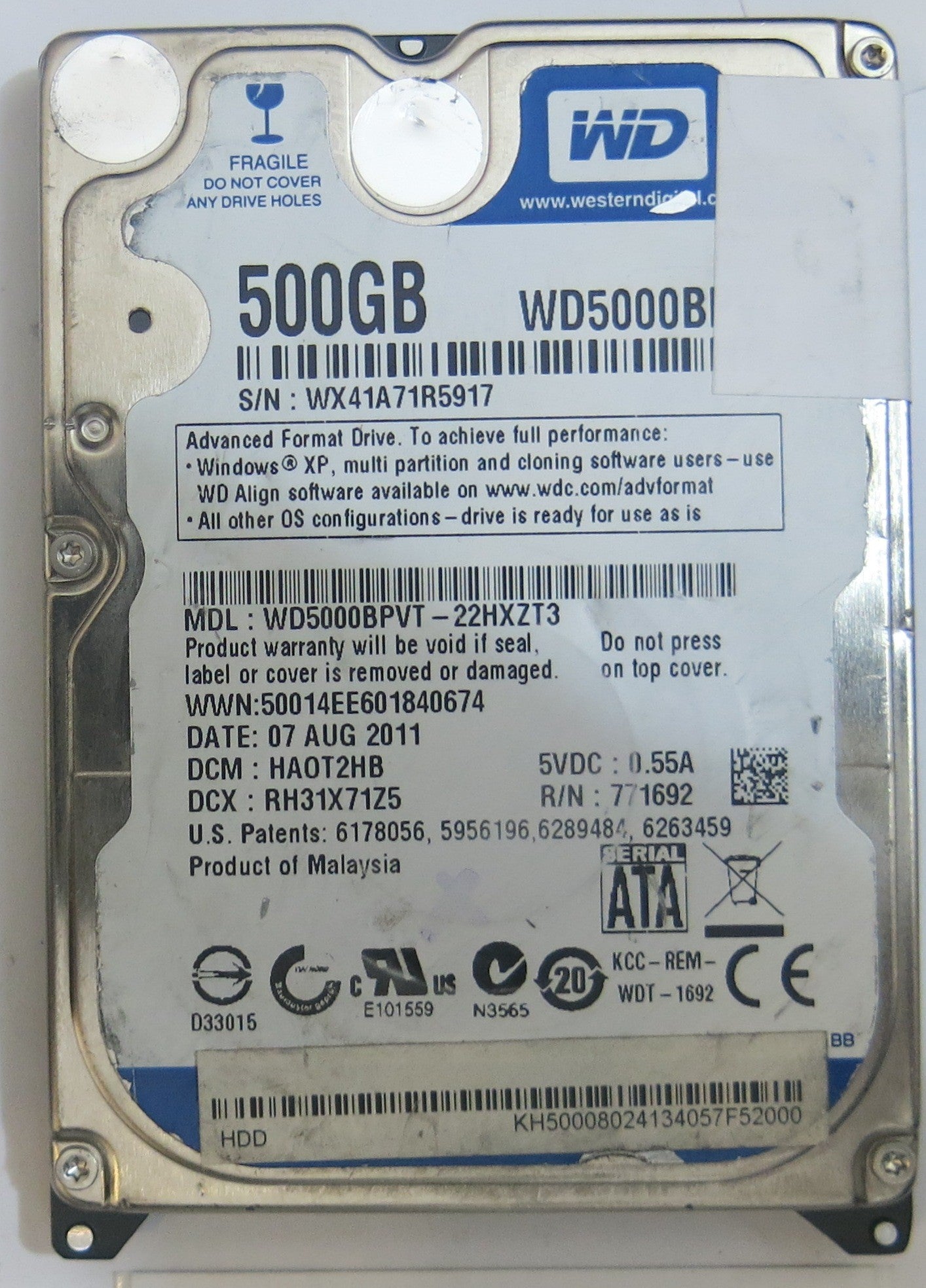 WESTERN DIGITAL WD5000BPVT-22HXZT3 2060-771820-000 REV P1 PCB