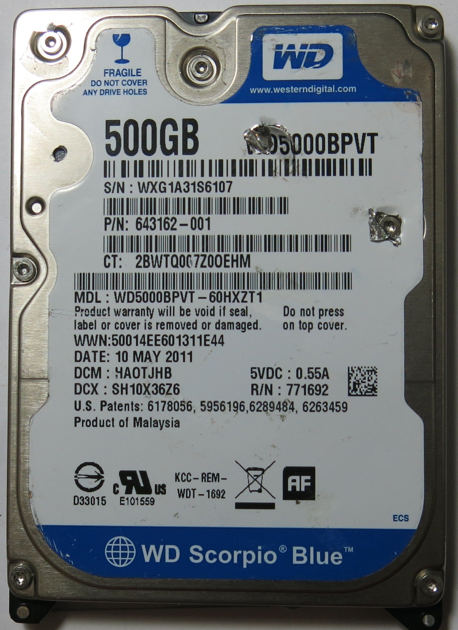 WESTERN DIGITAL WD5000BPVT-60HXZT1 2060-771692-005 PCB