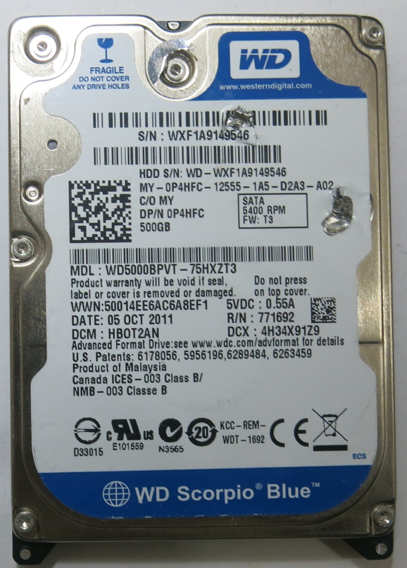 WESTERN DIGITAL WD5000BPVT-75HXZT3 2060-771820-000 REV P1 PCB