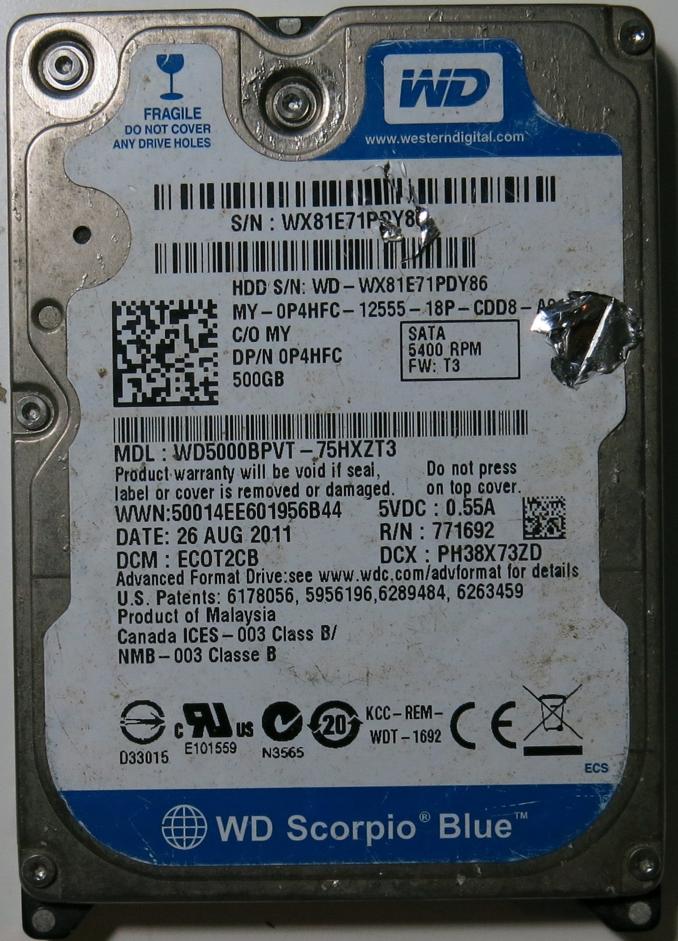 WESTERN DIGITAL WD5000BPVT-75HXZT3,  PCB