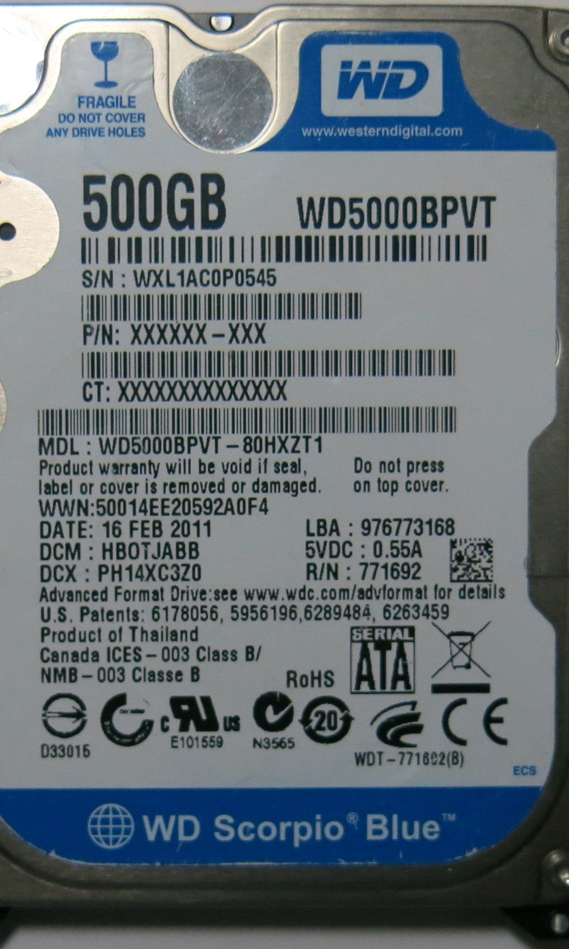 WESTERN DIGITAL WD5000BPVT-80HXZT1 2060-771692-005 PCB