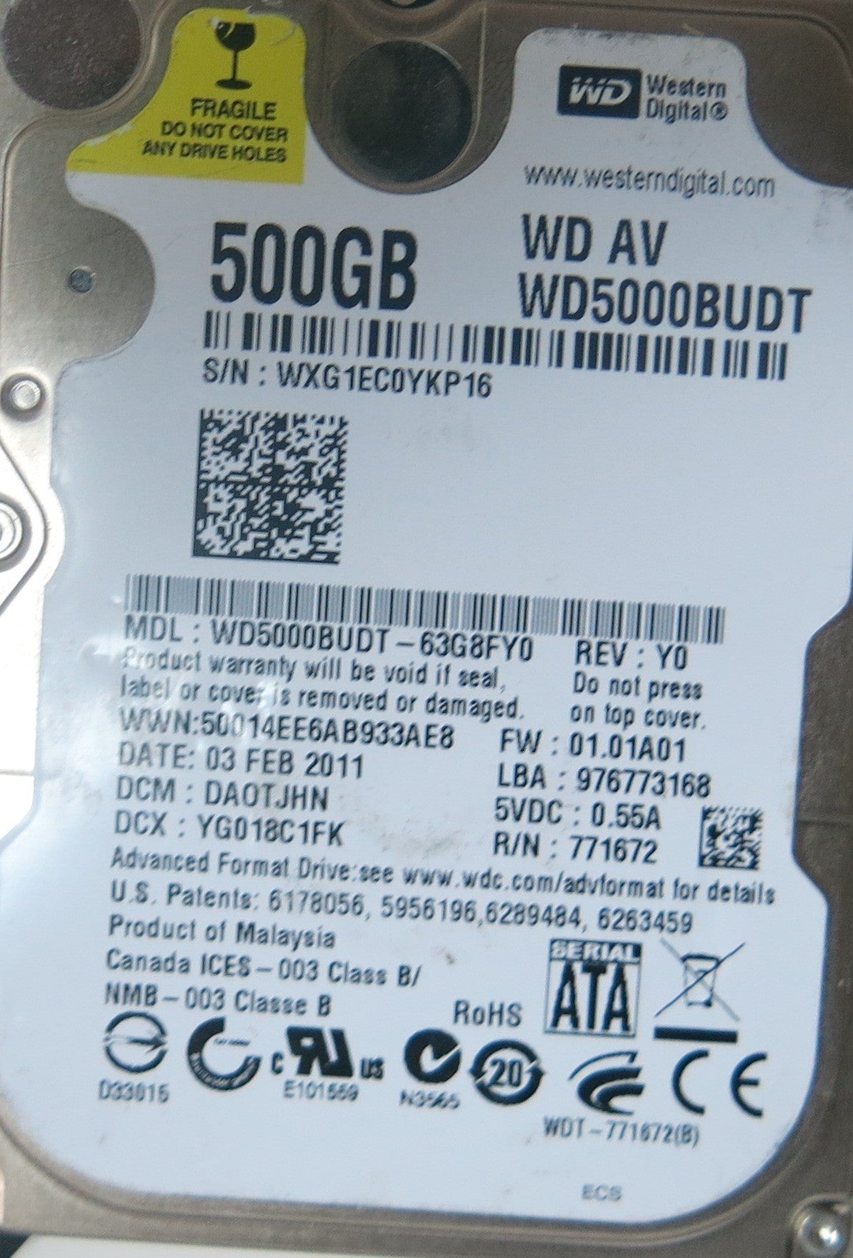 WESTERN DIGITAL WD5000BUDT-63G8FY0, DCM  DAOTJHN, 2060-771672-004 REV A PCB
