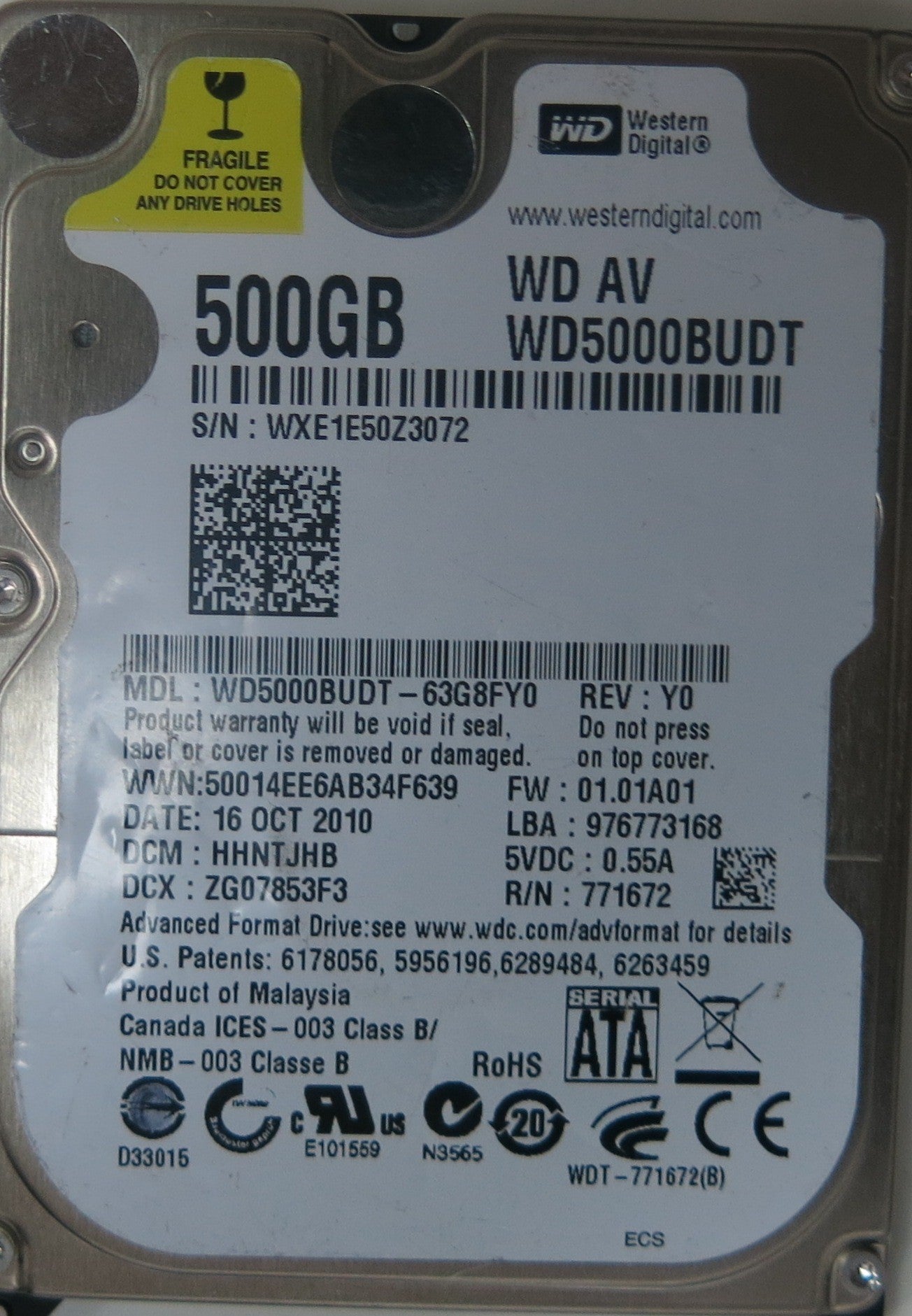 WESTERN DIGITAL WD5000BUDT-63G8FY0, , DCM  HHNTJHB, 2060-771672-004 REV A PCB