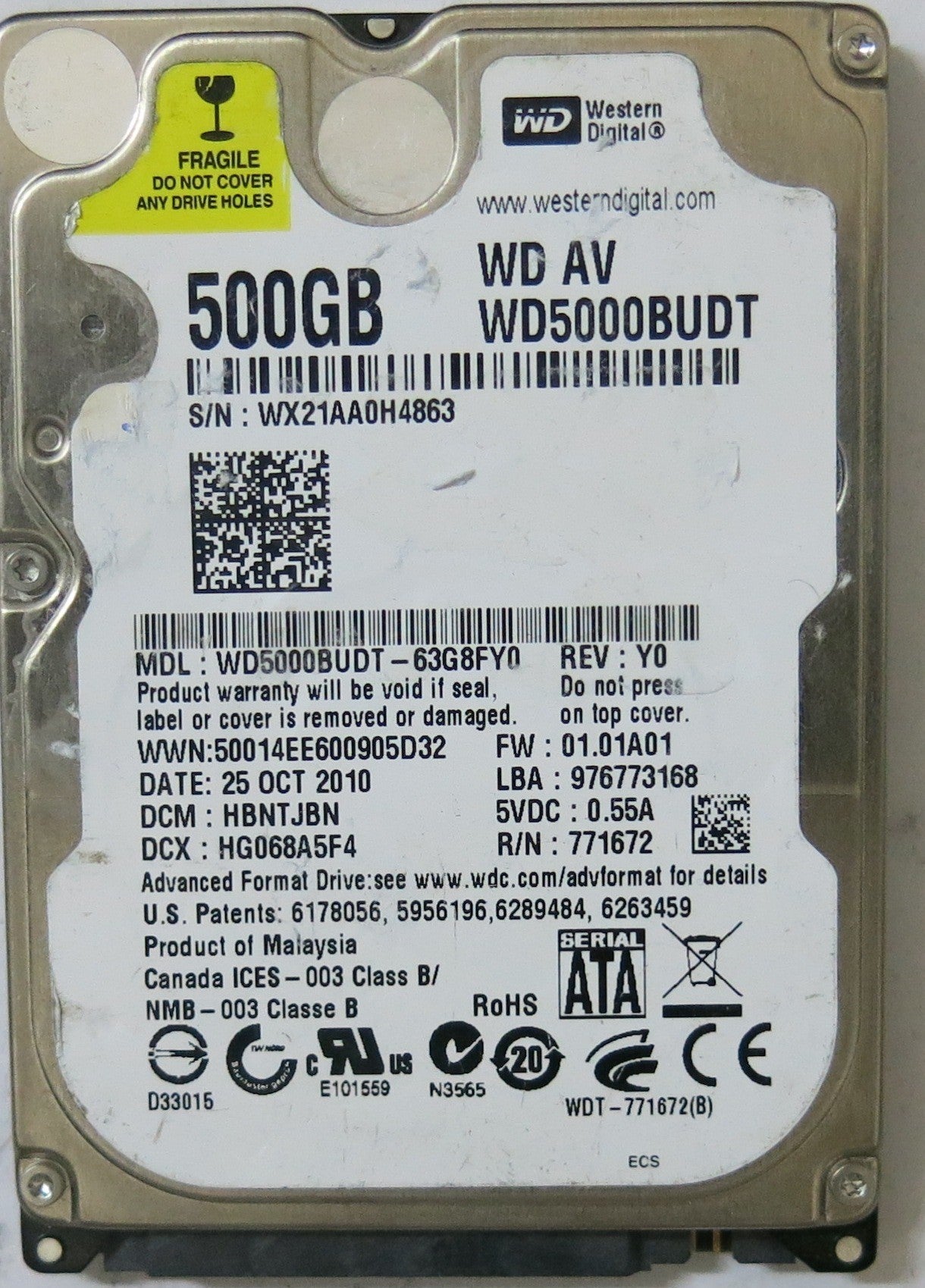 WD5000BUDT-63G8FY0, PCB: 2060-771672-004 REV A, SERIAL NUMBER: WX21AA0H4863 , FW HBNTJBN , 500-GB