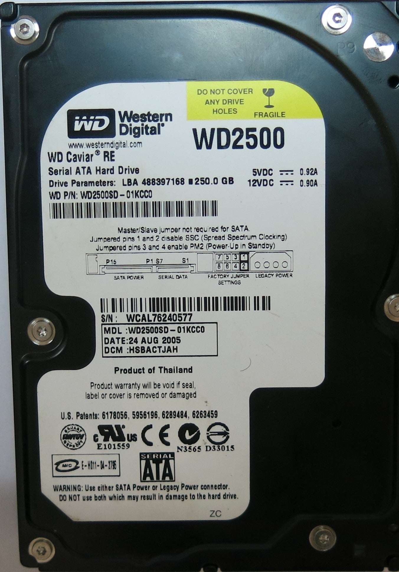 WD5000BUDT-63G8FY0 PCB: 2060-771672-004 REV A SERIAL NUMBER: WCAL76240577 FW HBNTJBNB  500,GB