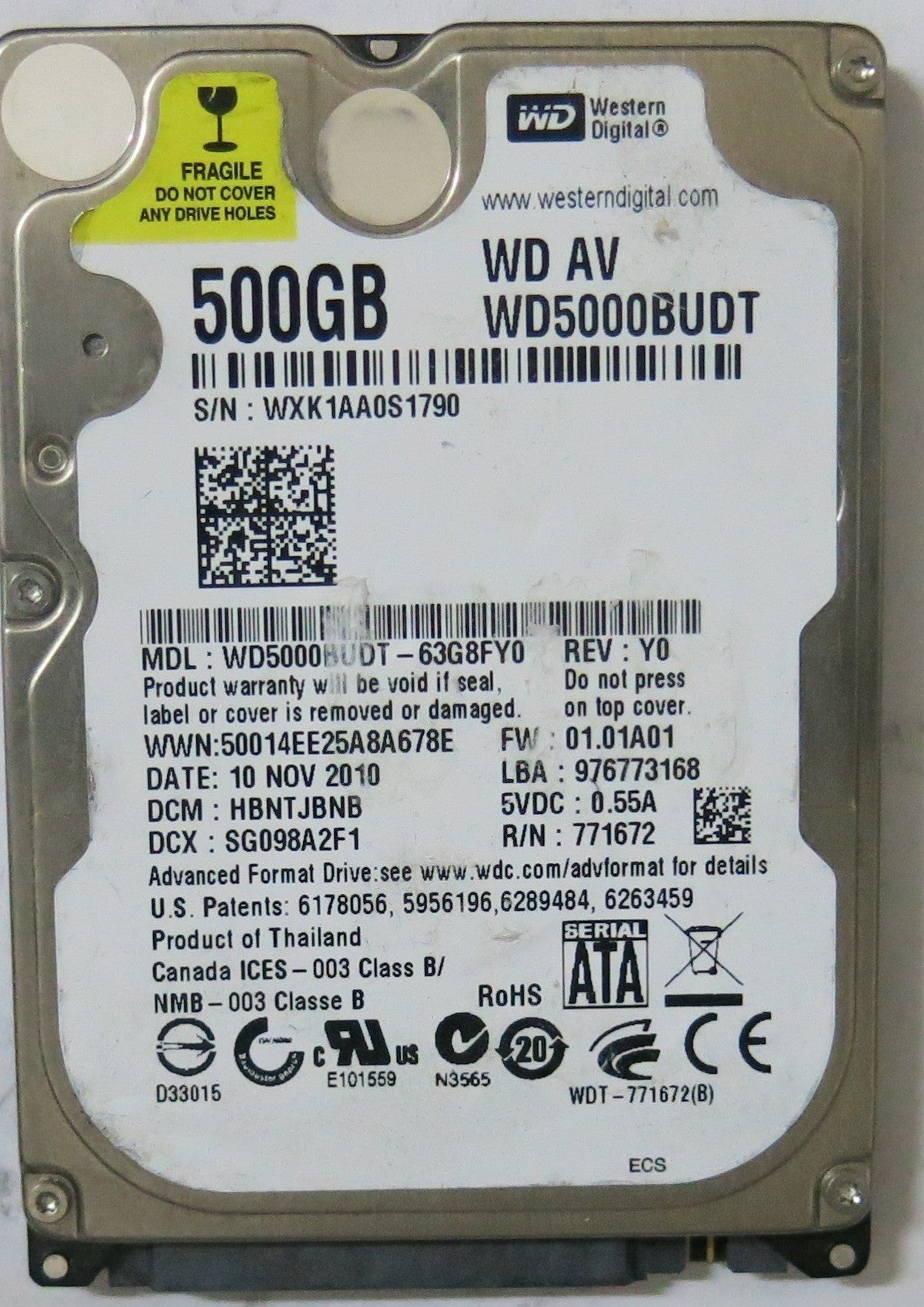 WD5000BUDT-63G8FY0 , PCB: 2060-771672-004 REV A, SERIAL NUMBER: WXK1AA0S1790, FW:HBNTJBNB, 500-GB